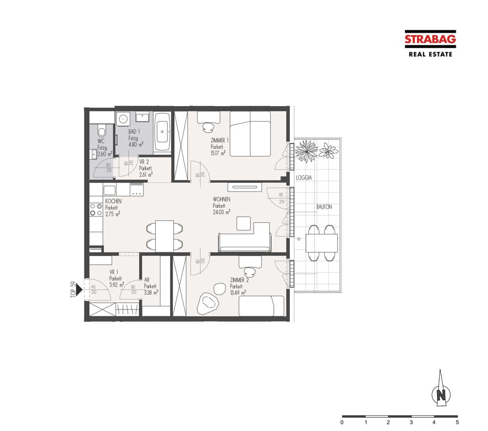 Grundriss Top 59 — Mein:G — 3 Zimmer — 74,8 m² — 3. OG