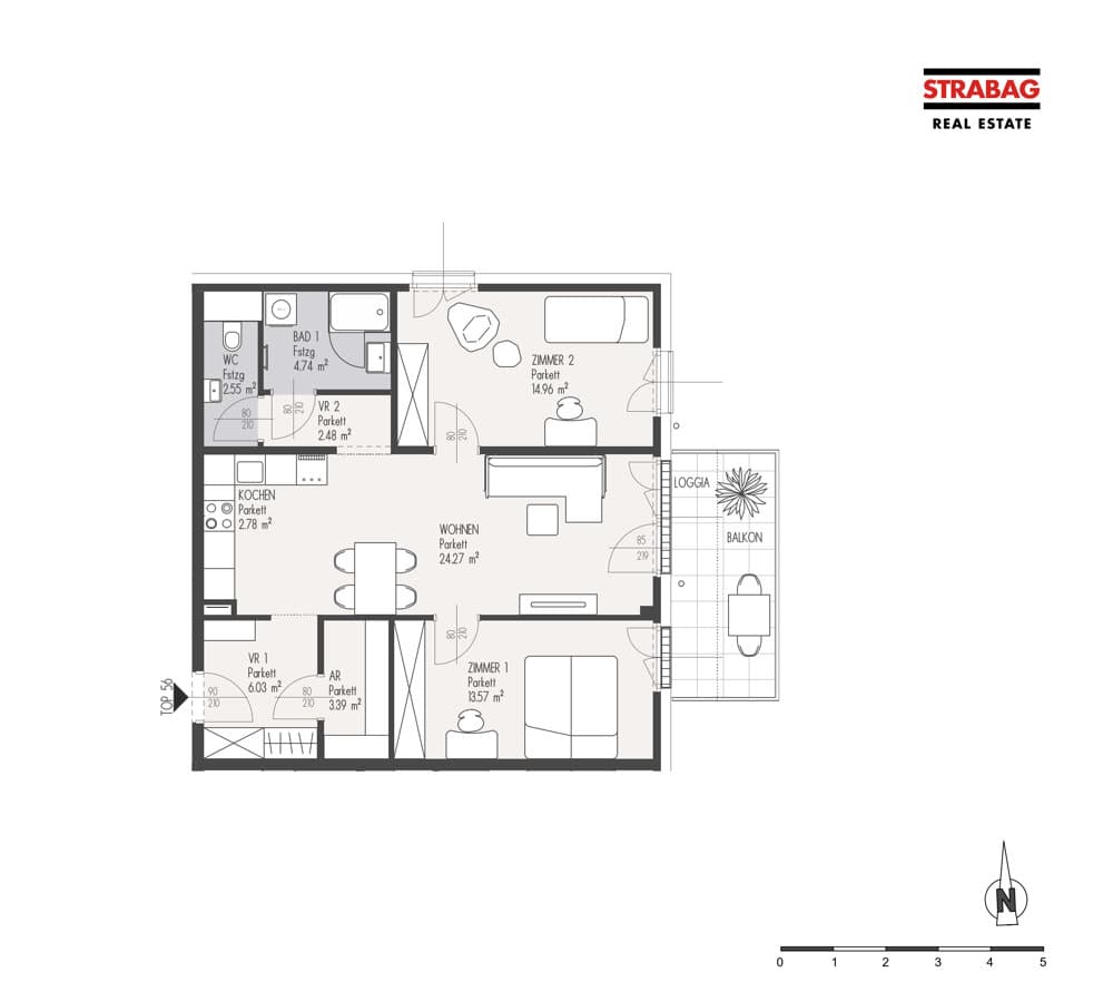 Grundriss Top 56 — Mein:G — 3 Zimmer — 74,8 m² — 3. OG