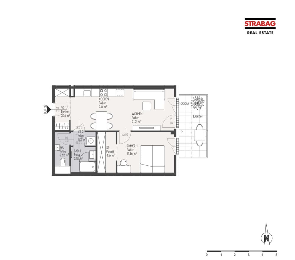Grundriss Top 38 — Mein:G — 2 Zimmer — 51,1 m² — 2. OG