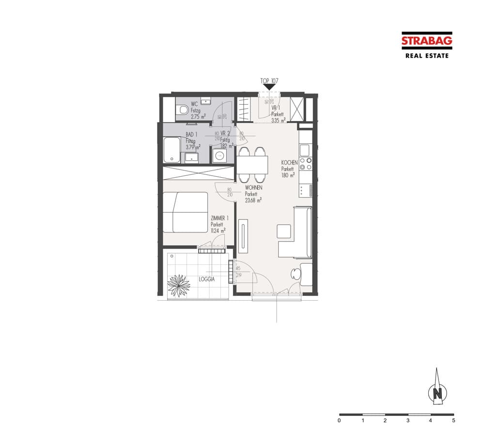 Grundriss Top 107 — Mein:G — 2 Zimmer — 48,4 m² — 5. OG