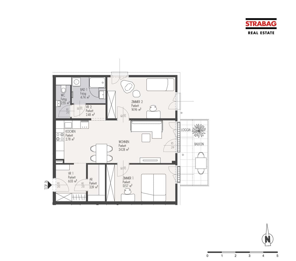 Grundriss Top 16 — Mein:G — 3 Zimmer — 74,8 m² — 1. OG