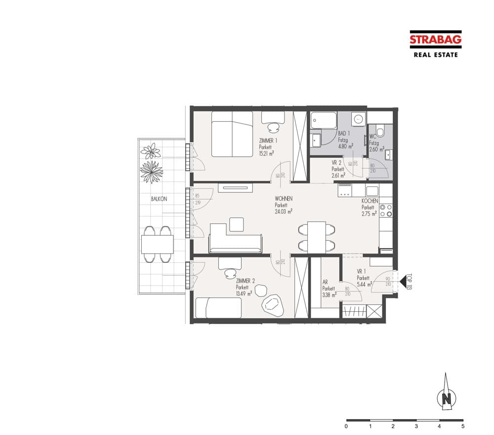 Grundriss Top 113 — Mein:G — 3 Zimmer — 74,3 m² — 6. OG