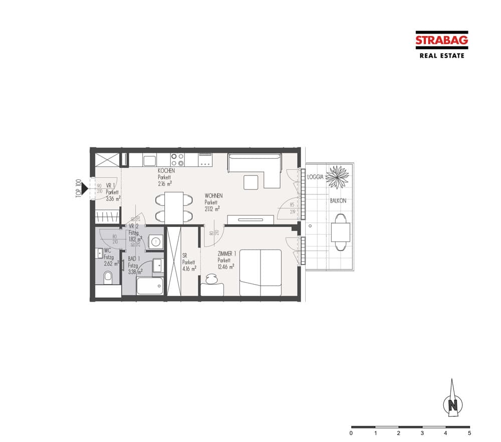 Grundriss Top 100 — Mein:G — 2 Zimmer — 51,1 m² — 5. OG