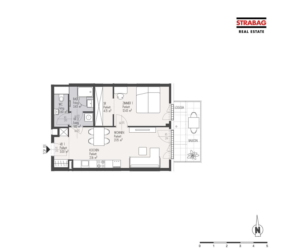 Grundriss Top 101 — Mein:G — 2 Zimmer — 50,7 m² — 5. OG