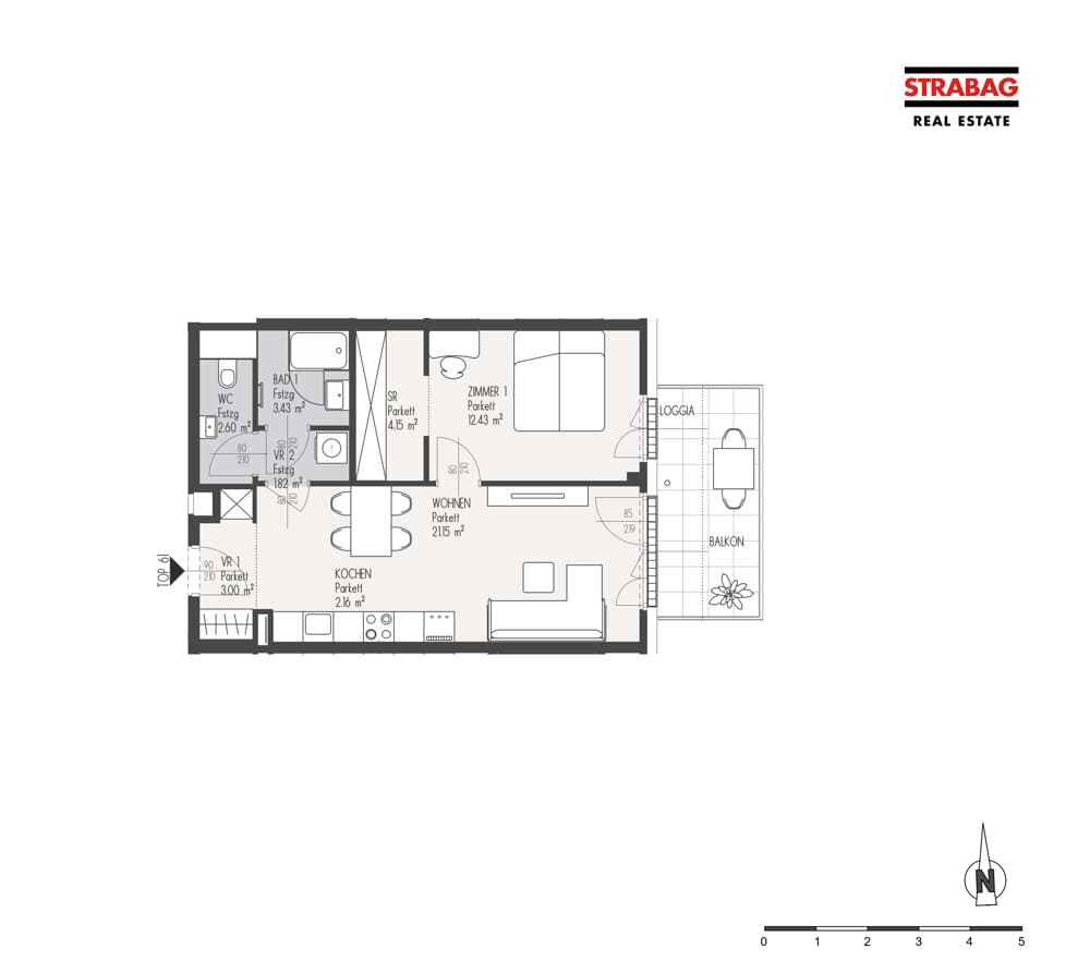 Grundriss Top 61 — Mein:G — 2 Zimmer — 50,7 m² — 3. OG