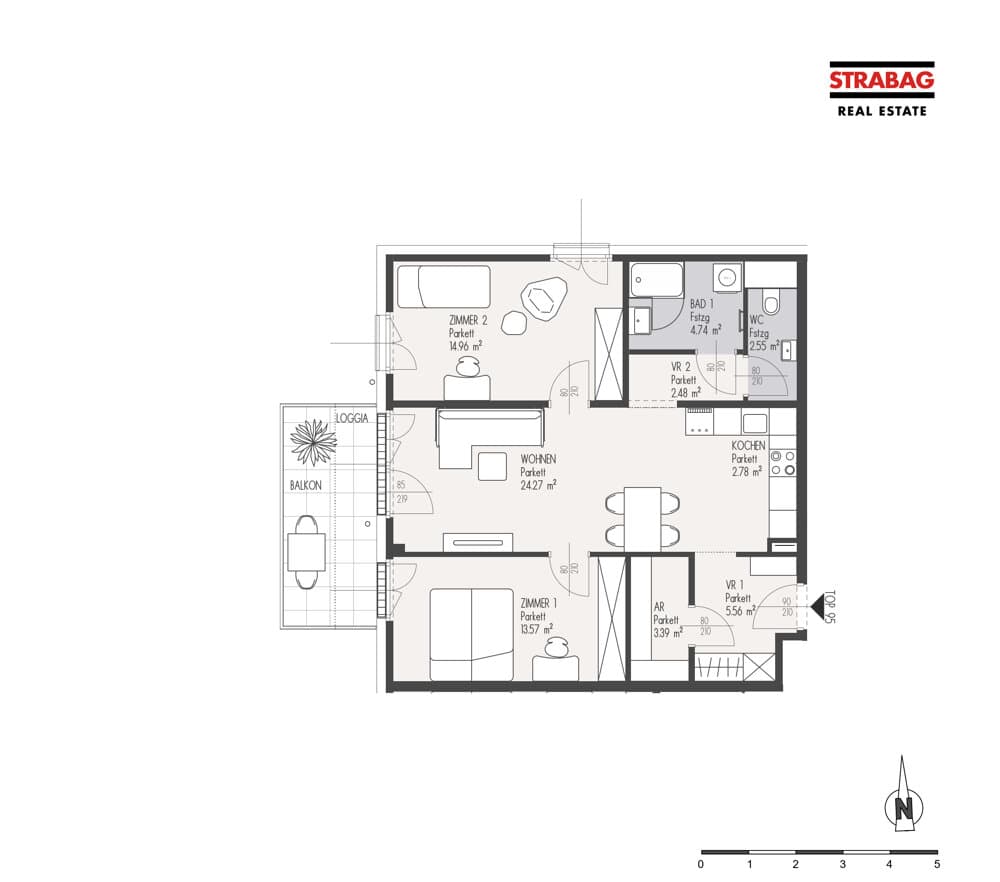 Grundriss Top 95 — Mein:G — 3 Zimmer — 74,3 m² — 5. OG
