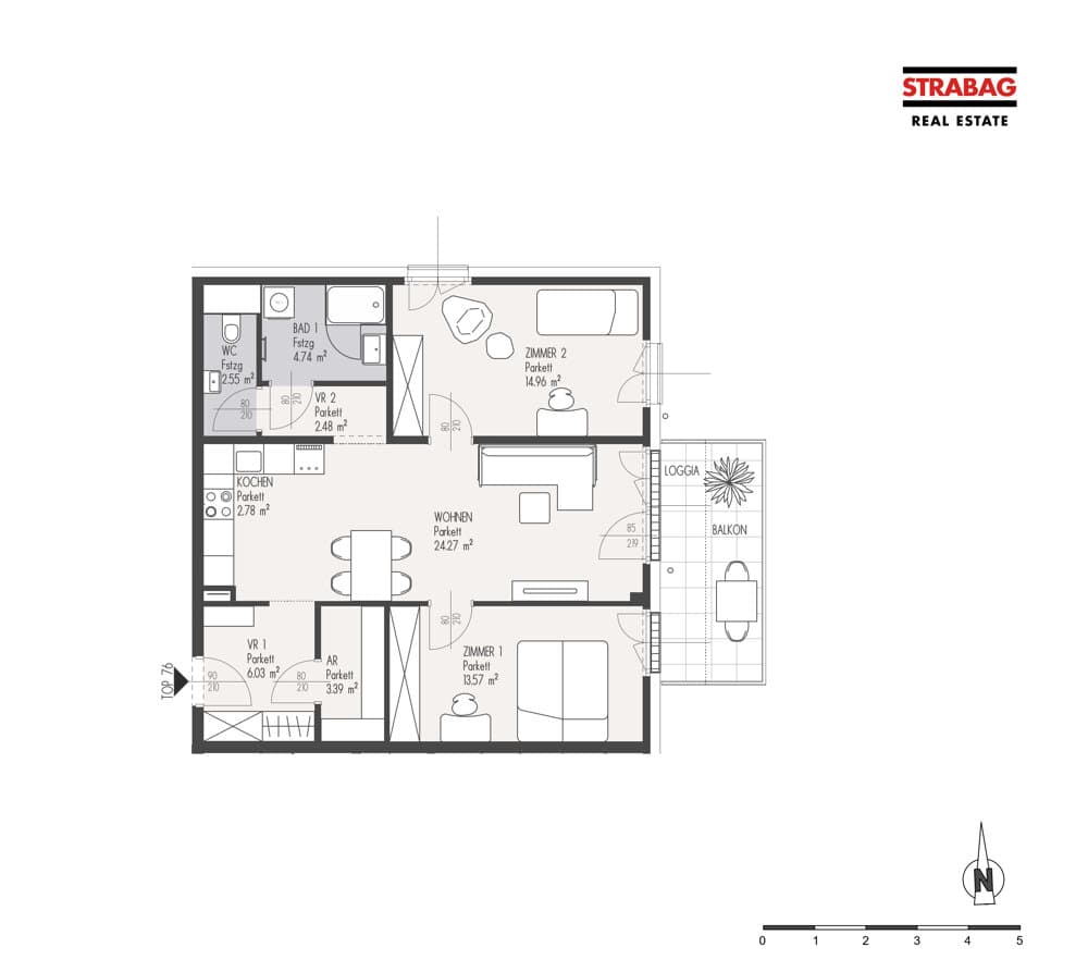 Grundriss Top 76 — Mein:G — 3 Zimmer — 74,8 m² — 4. OG