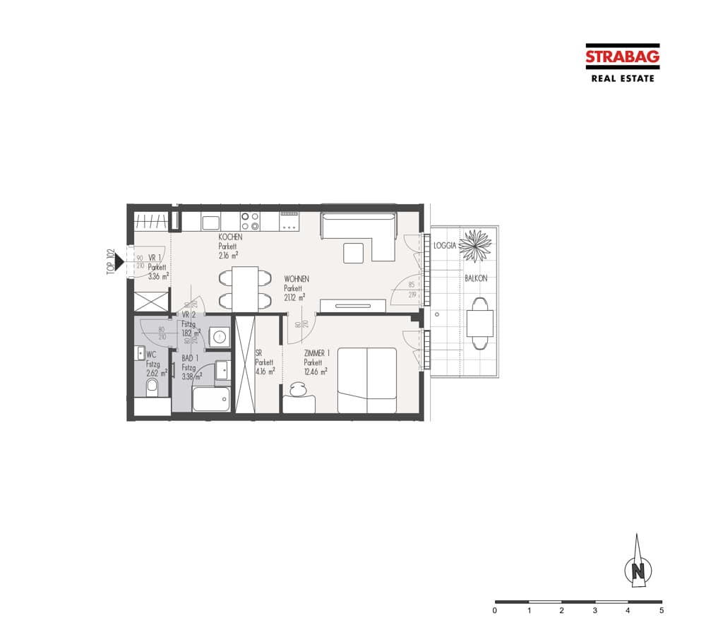 Floorplan Top 102 — Mein:G — 2 Rooms — 51.1 m² — 5. OG