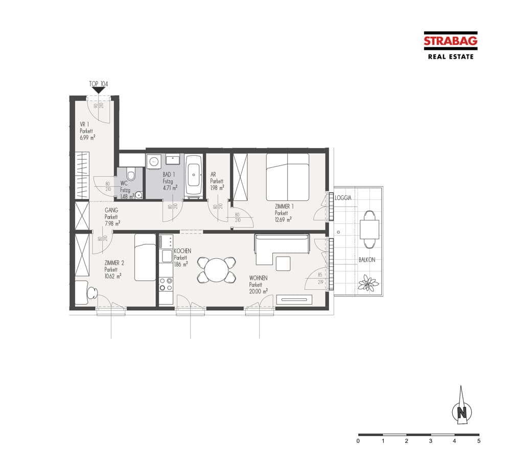 Floorplan Top 104 — Mein:G — 3 Rooms — 68.3 m² — 5. OG