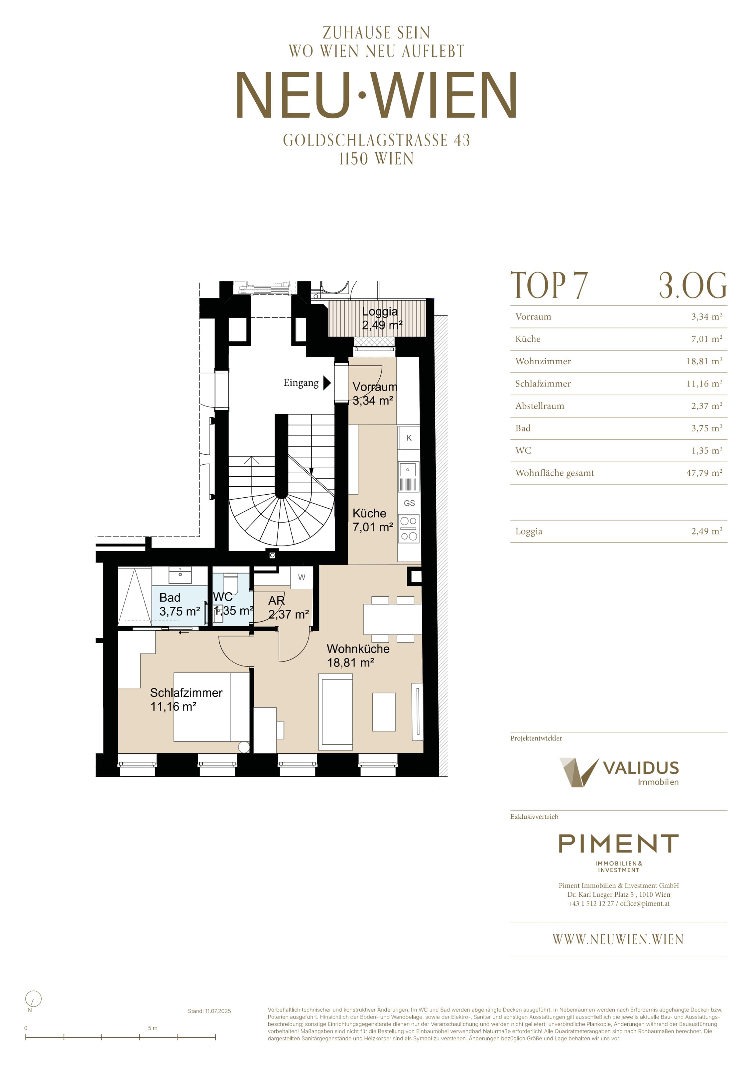 Grundriss Top 7 — NEU WIEN — 2 Zimmer — 47,8 m² — 3. OG