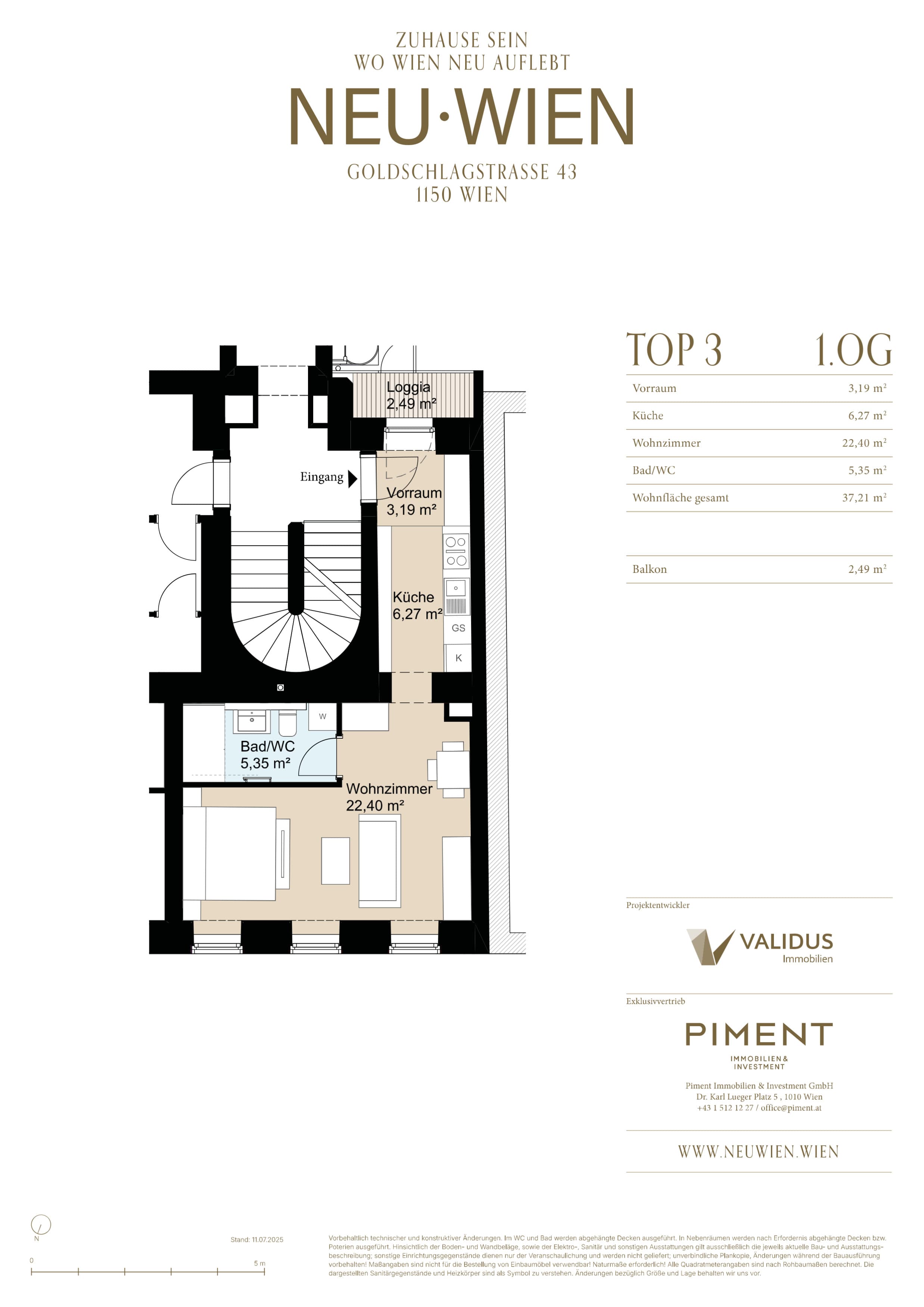 Grundriss Top 3 — NEU WIEN — 1 Zimmer — 37,1 m² — 1. OG
