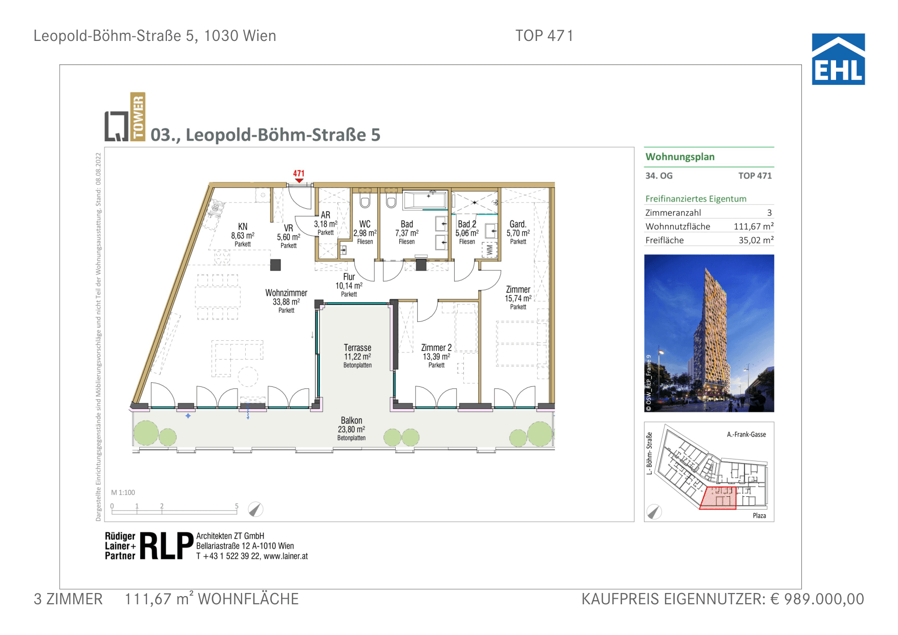 Grundriss Top 471 — Q-Tower — 3 Zimmer — 111,7 m² — 34. Etage — Südosten, Südwesten