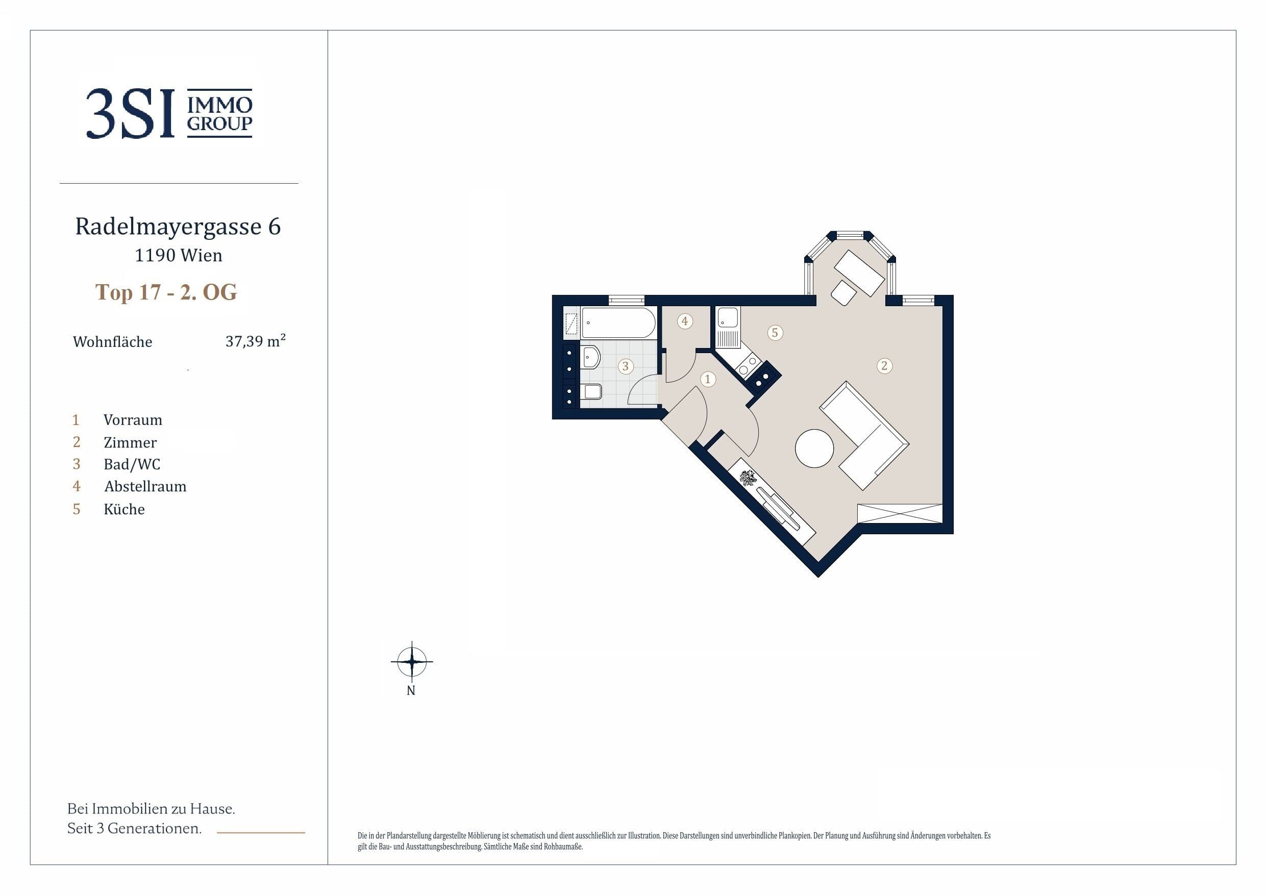 Grundriss Top 17 — Radelmayergasse 6 — 1 Zimmer — 37,4 m² — 2. Obergeschoß