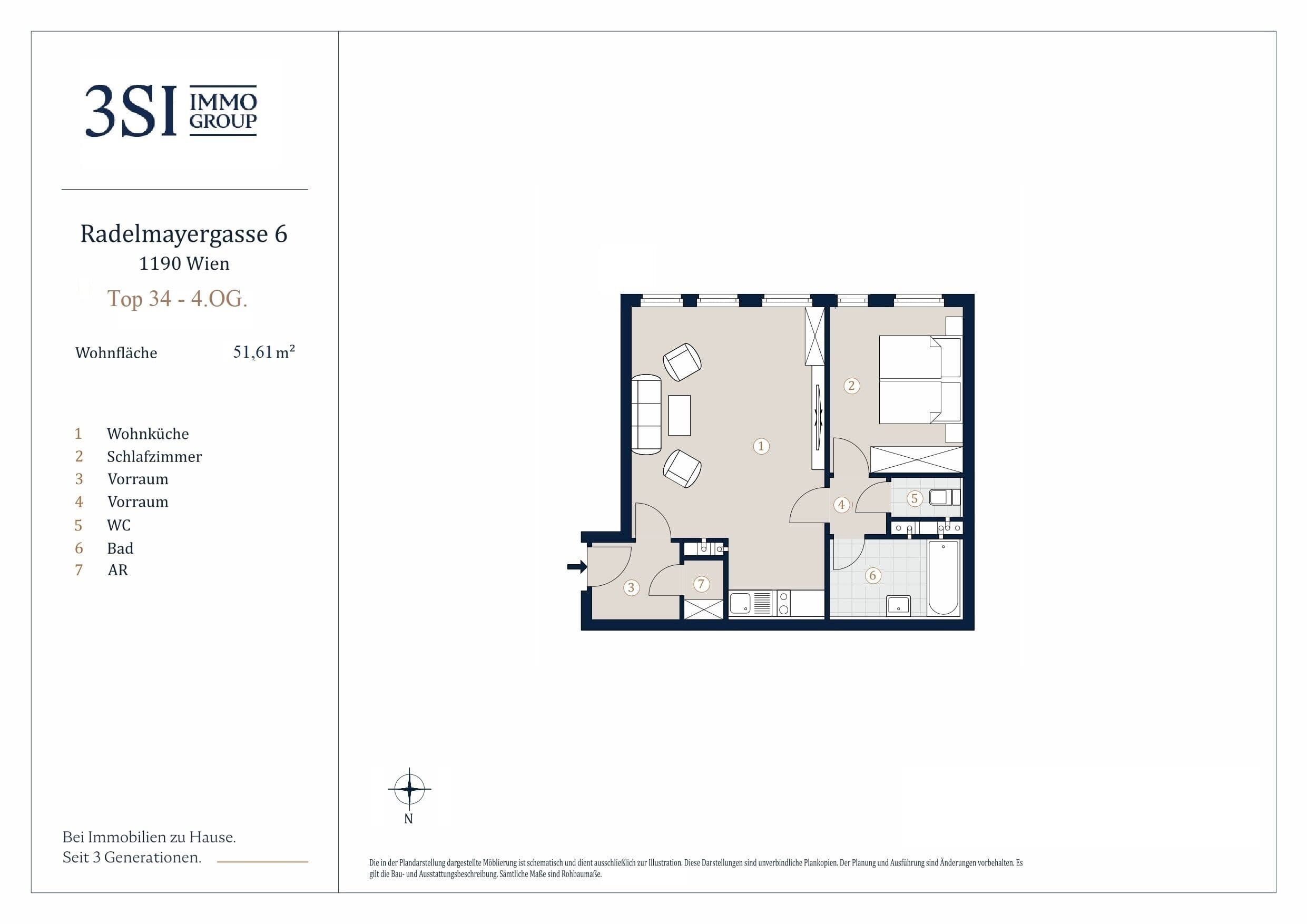 Grundriss Top 34 — Radelmayergasse 6 — 2 Zimmer — 51,6 m² — 4. Obergeschoß