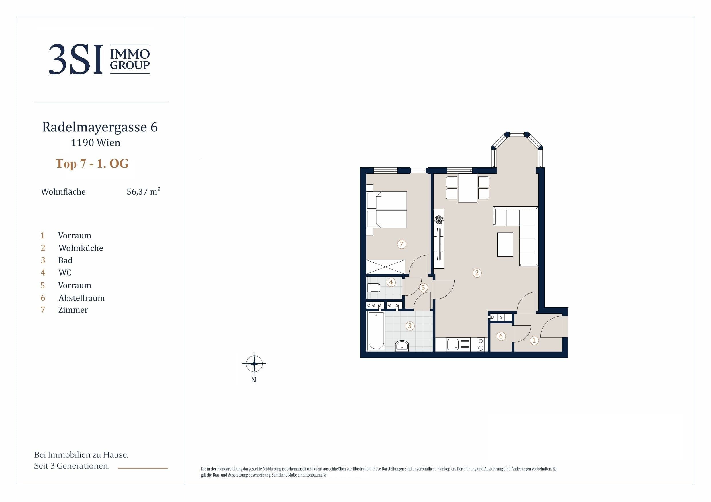 Grundriss Top 7 — Radelmayergasse 6 — 2 Zimmer — 56,4 m² — 1. Obergeschoß