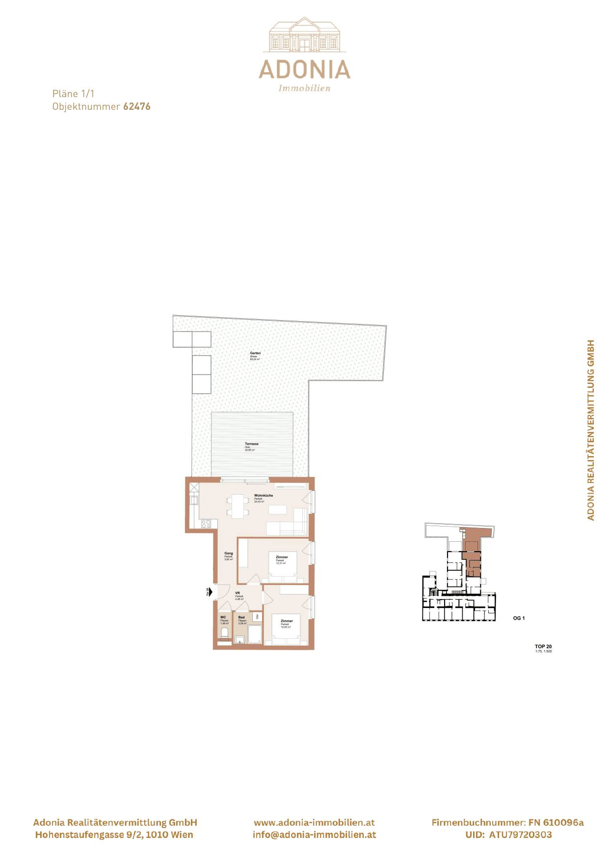 Grundriss Top 20 — Redtenbachergasse 43 — 3 Zimmer — 60,5 m² — 1. OG
