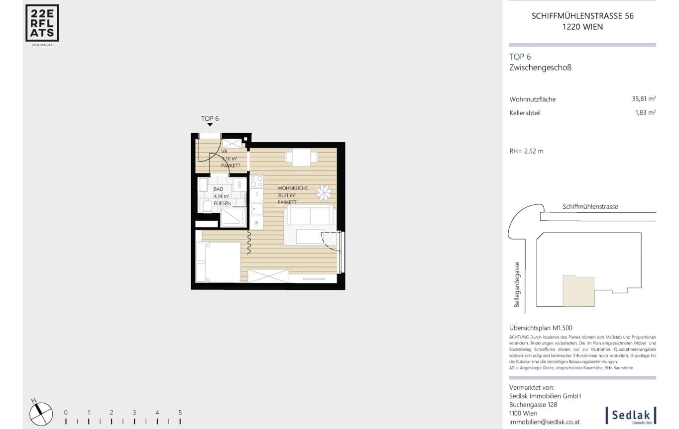Grundriss Top 6 — Schiffmühlenstraße 56 — 1 Zimmer — 35,8 m² — Mezzanin