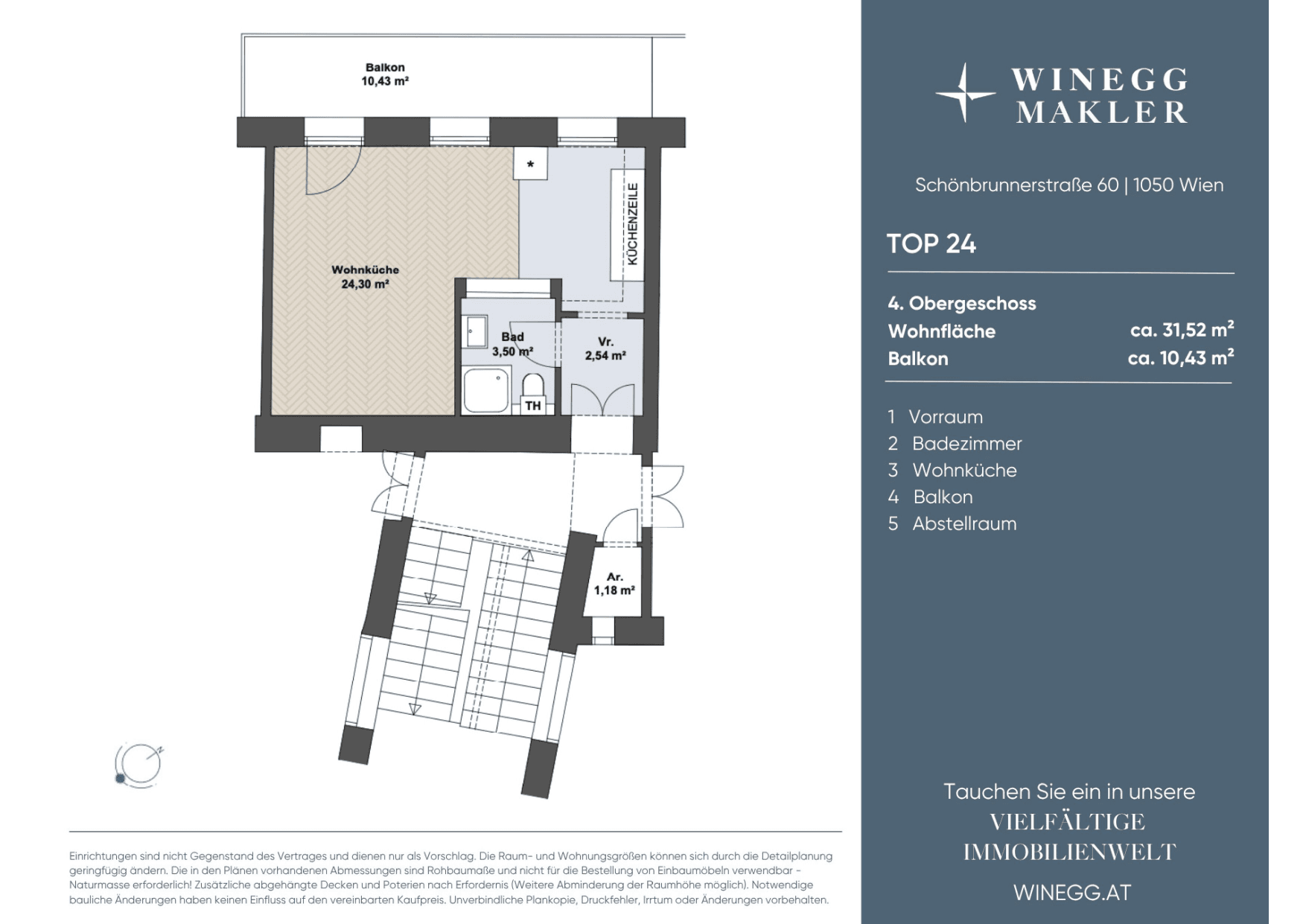 Grundriss Top 24 — Schönbrunner Straße 60 — 1 Zimmer — 31,5 m² — 0.5. OG, 4. OG