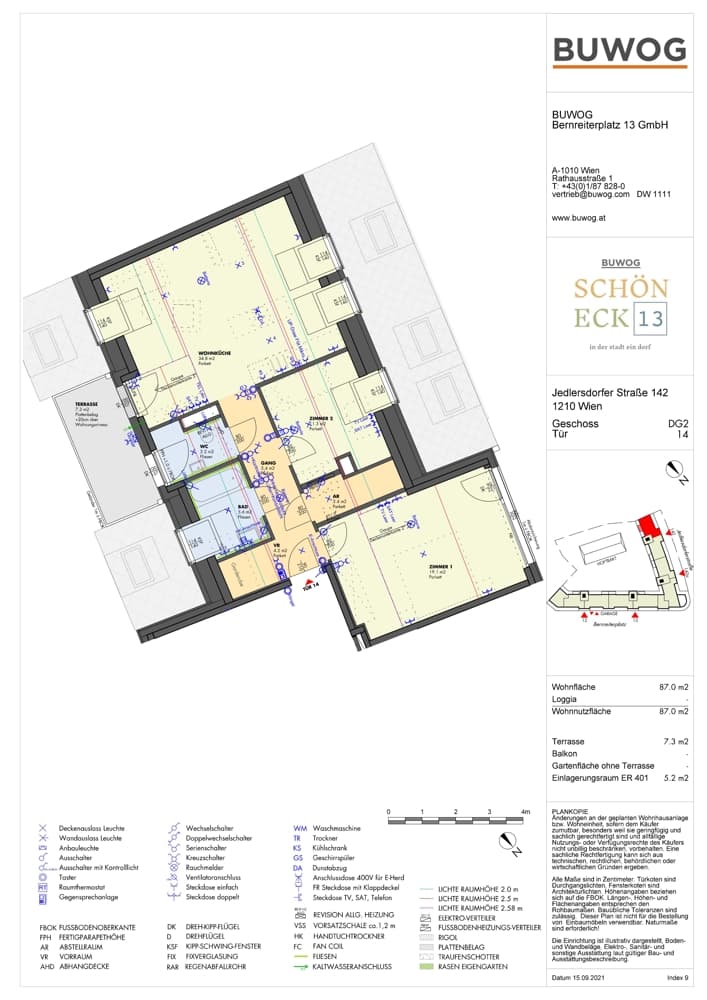 Grundriss Stiege 4 - Top 14 — Schöneck 13 — 2.5 Zimmer — 87 m² — 2. DG — terrace
