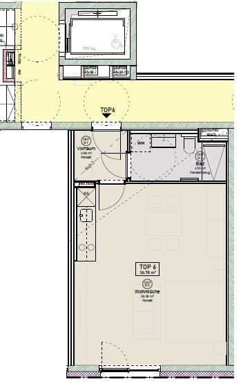 Grundriss Top 6 — Silk19 — 1 Zimmer — 36,8 m² — 1. Liftstock — N