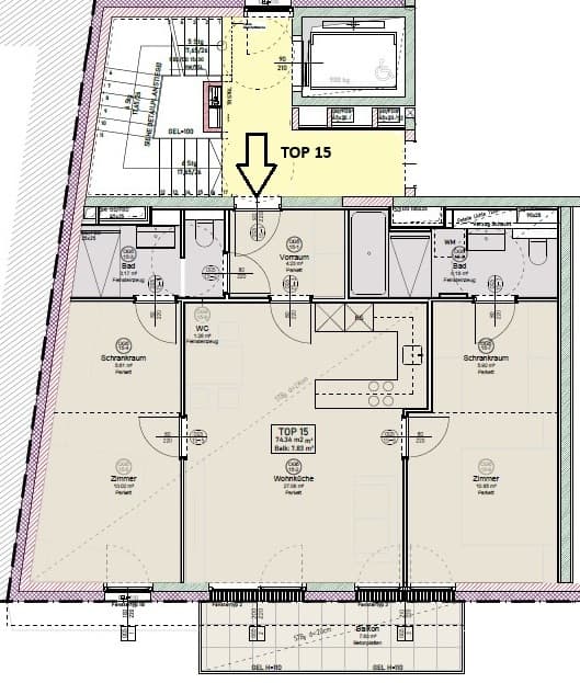 Grundriss Top 15 — Silk19 — 3 Zimmer — 74,3 m² — 5. Liftstock — N — Grundriss 2/2