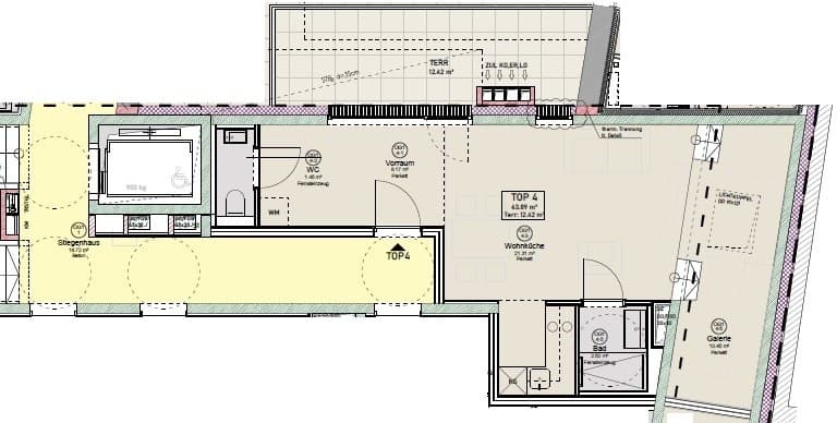 Grundriss Top 4 — Silk19 — 1 Zimmer — 43,9 m² — 1. Liftstock — S