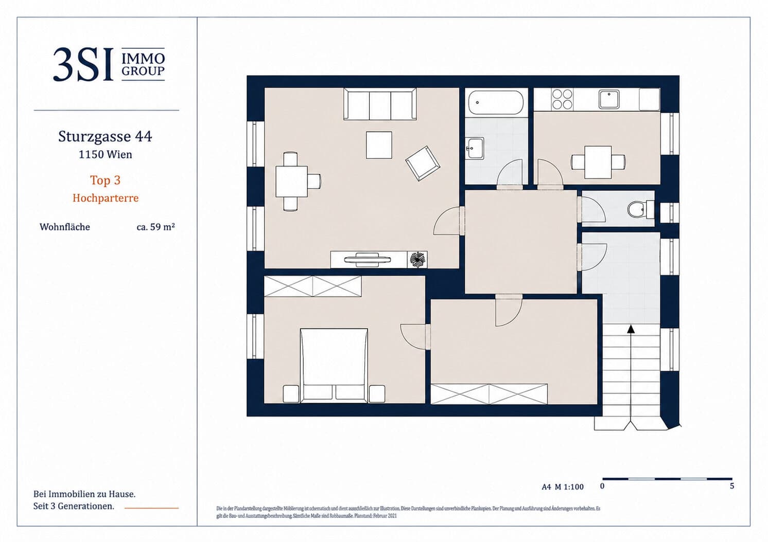Grundriss Top 3 — Sturzgasse 44 — 2 Zimmer — 59 m² — Mezzanin