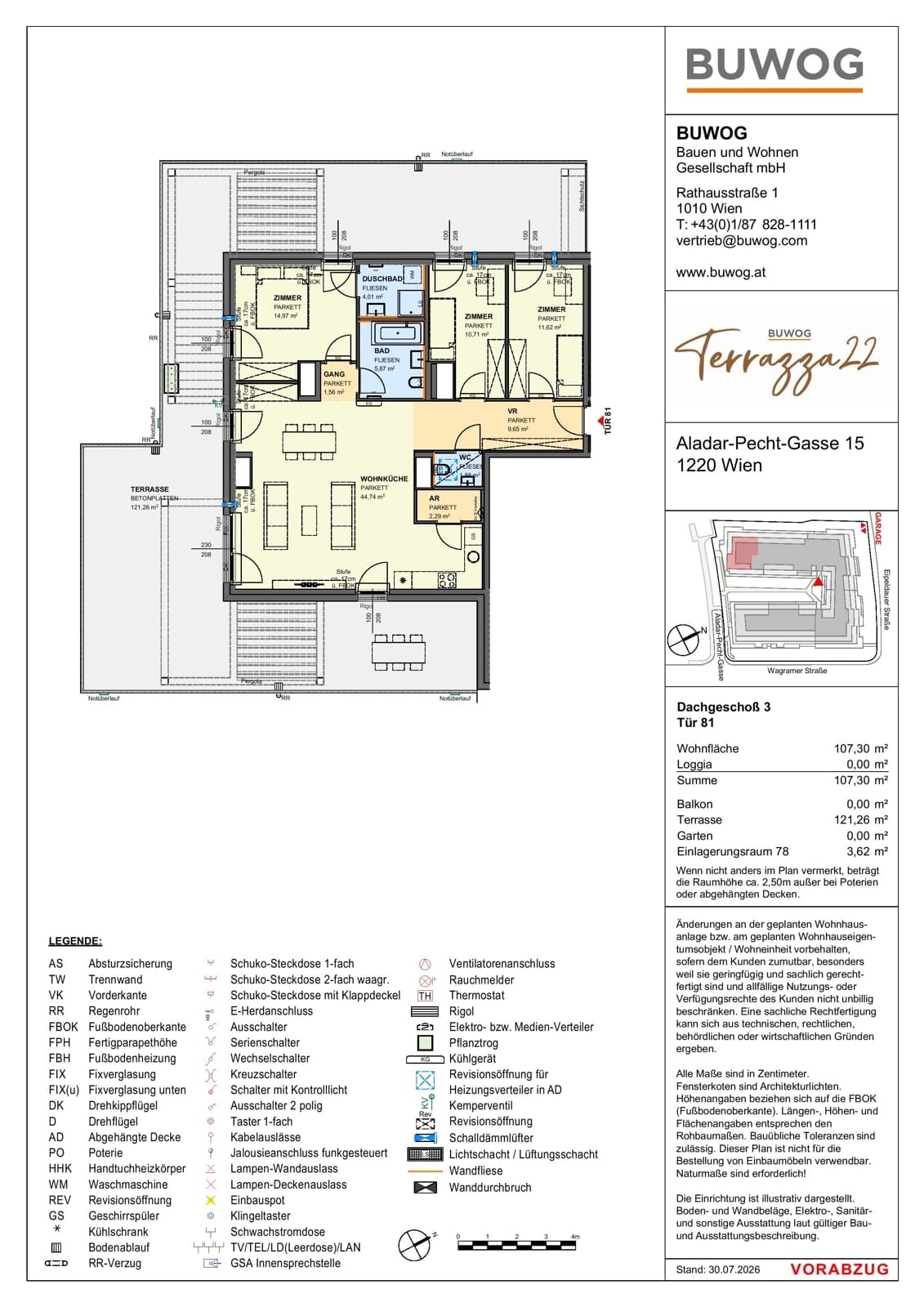 Grundriss Top 15.81 — Terrazza22 — 4 Zimmer — 107,3 m² — 3. DG — Südwest
