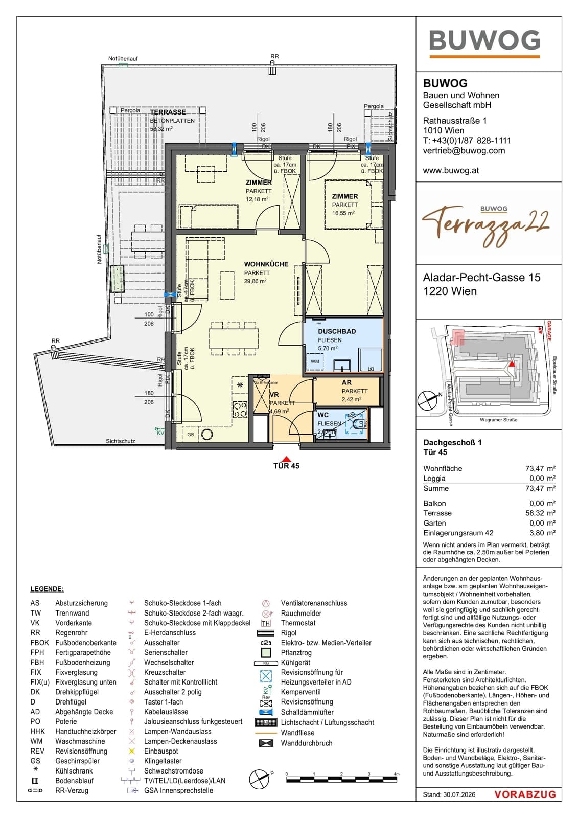 Floorplan Top 15.45 — Terrazza22 — 3 Rooms — 73.5 m² — 1. DG — Südwest