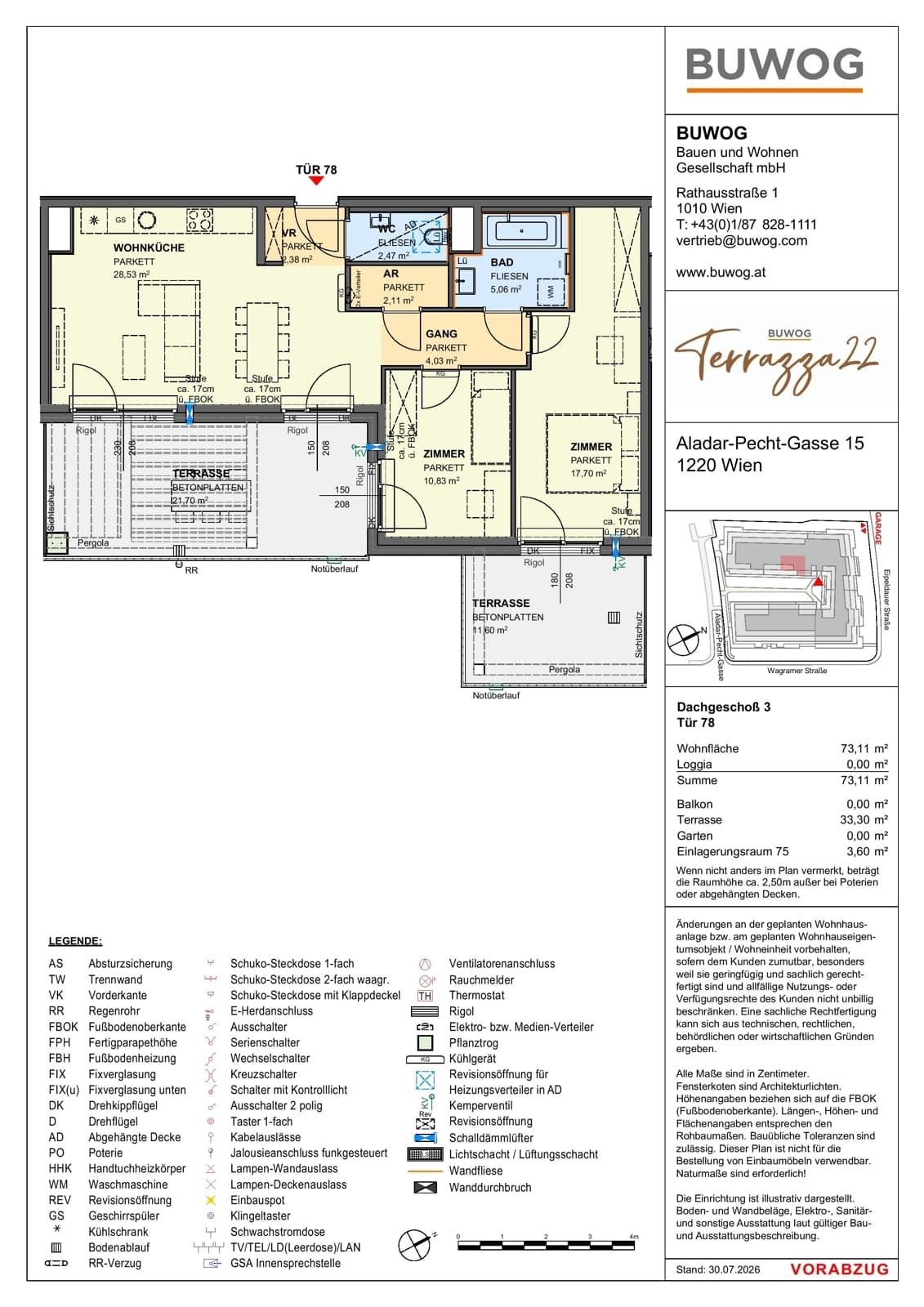 Floorplan Top 15.78 — Terrazza22 — 3 Rooms — 73.1 m² — 3. DG — Südost
