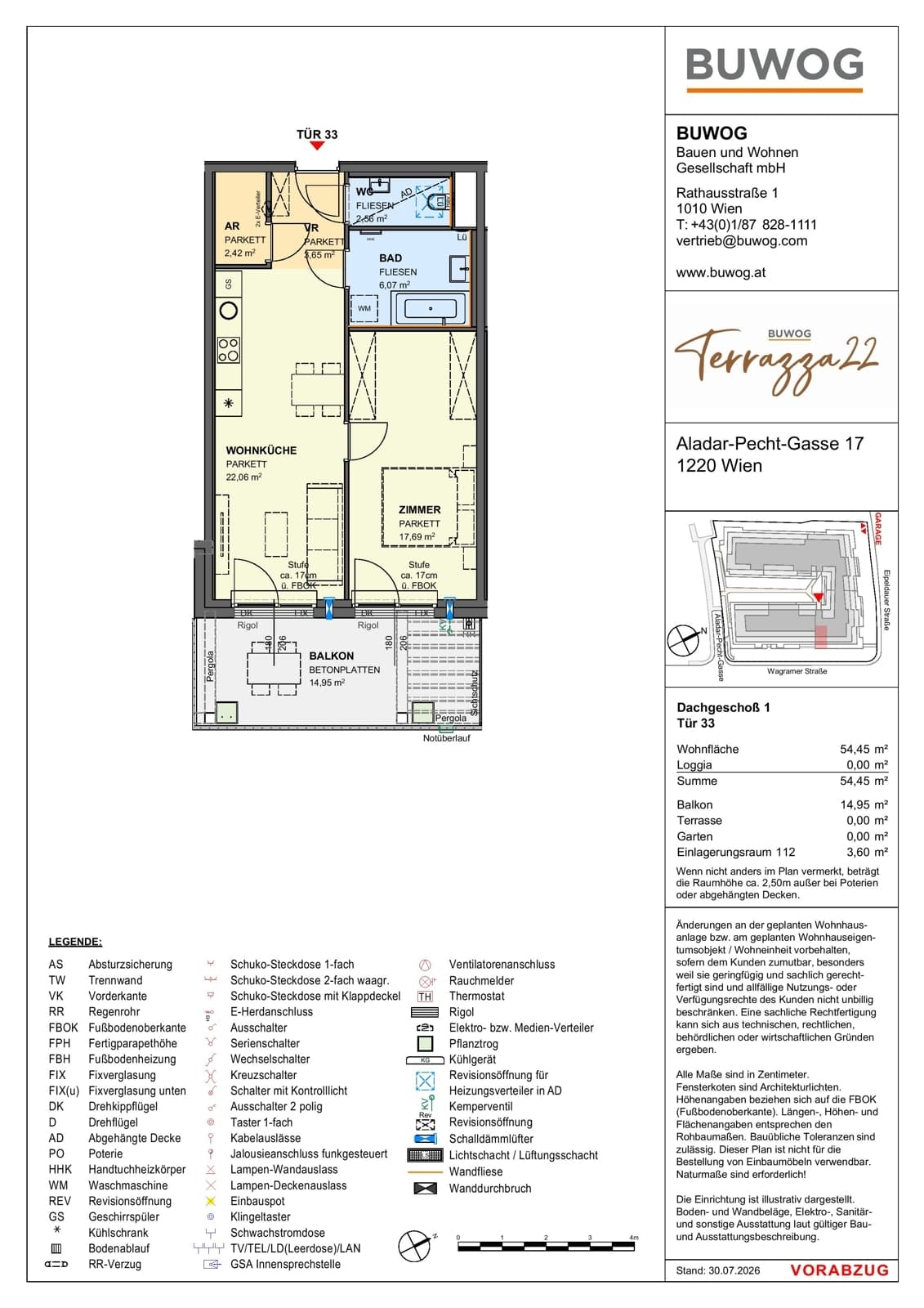 Floorplan Top 17.33 — Terrazza22 — 2 Rooms — 54.5 m² — 1. DG — Südost