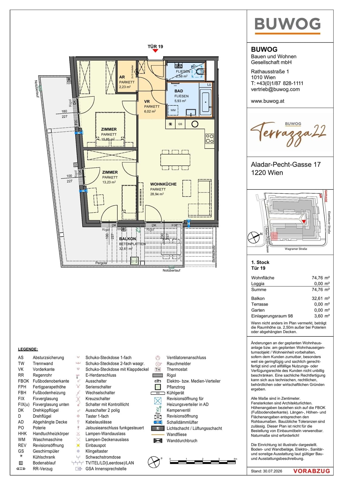 Floorplan Top 17.19 — Terrazza22 — 3 Rooms — 74.8 m² — 1. OG — Südost