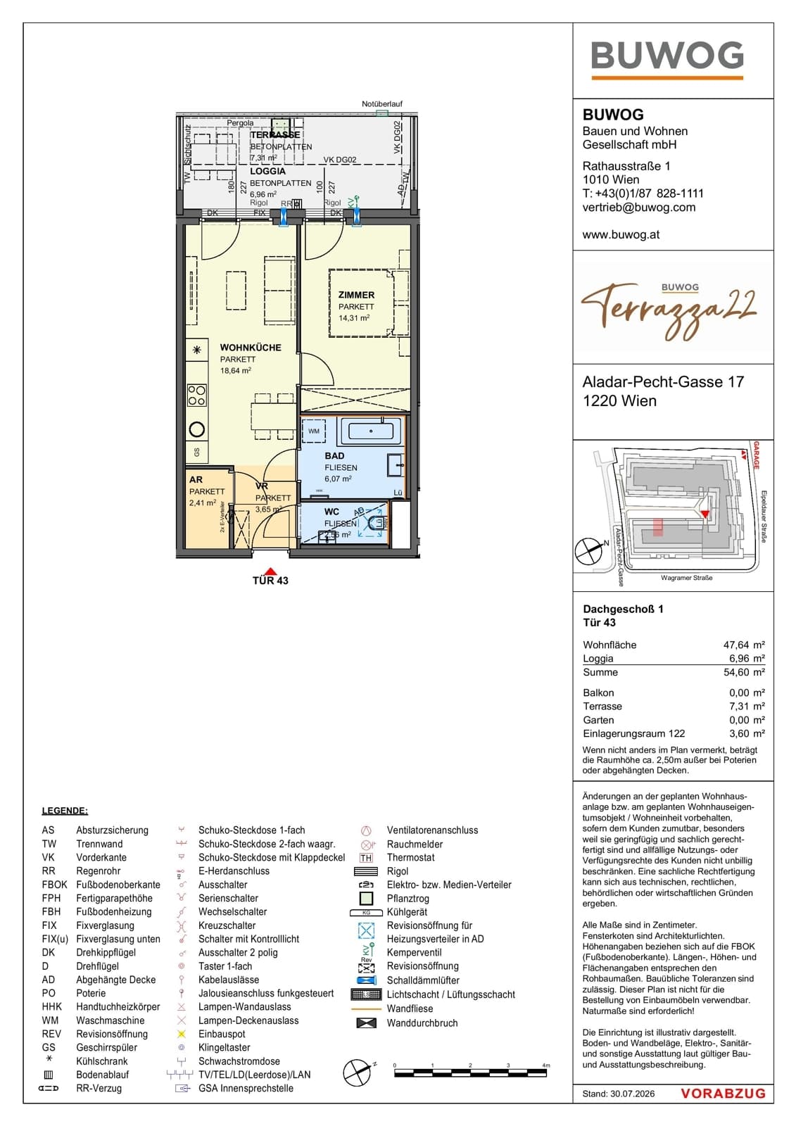Floorplan Top 17.43 — Terrazza22 — 2 Rooms — 47.6 m² — 1. DG — Nordwest