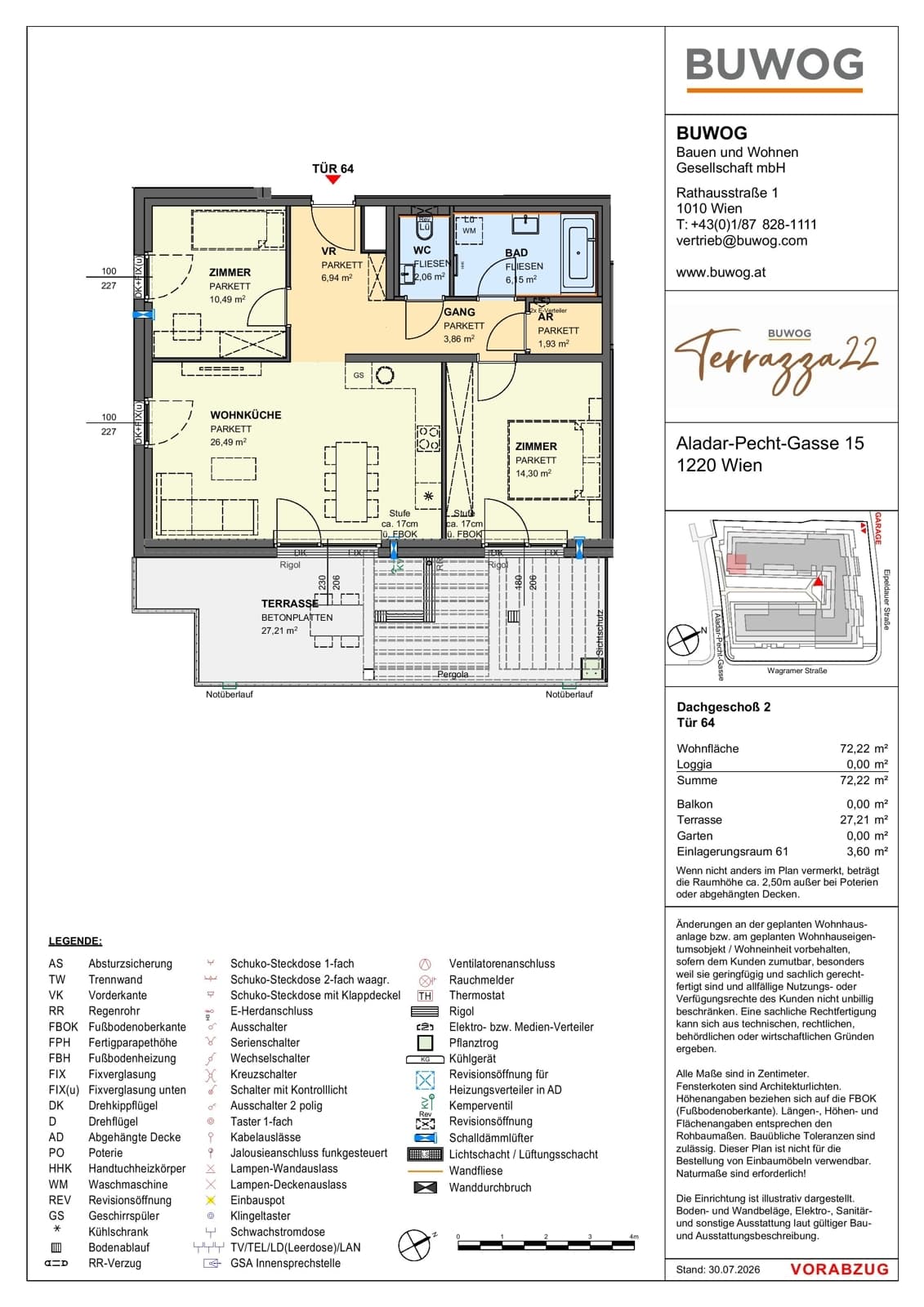 Floorplan Top 15.64 — Terrazza22 — 3 Rooms — 72.2 m² — 2. DG — Südost