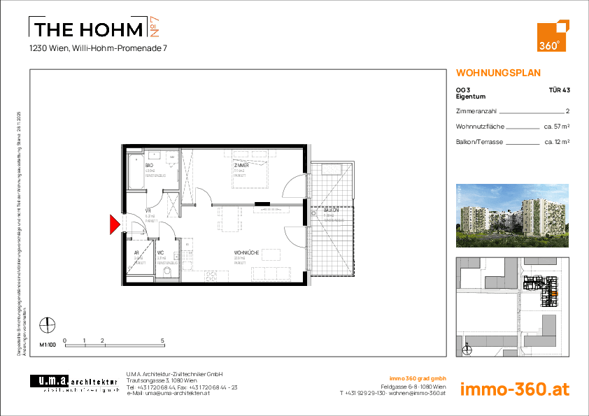 Grundriss Top 43 — THE HOHM 7 — 2 Zimmer — 57 m² — 3. OG