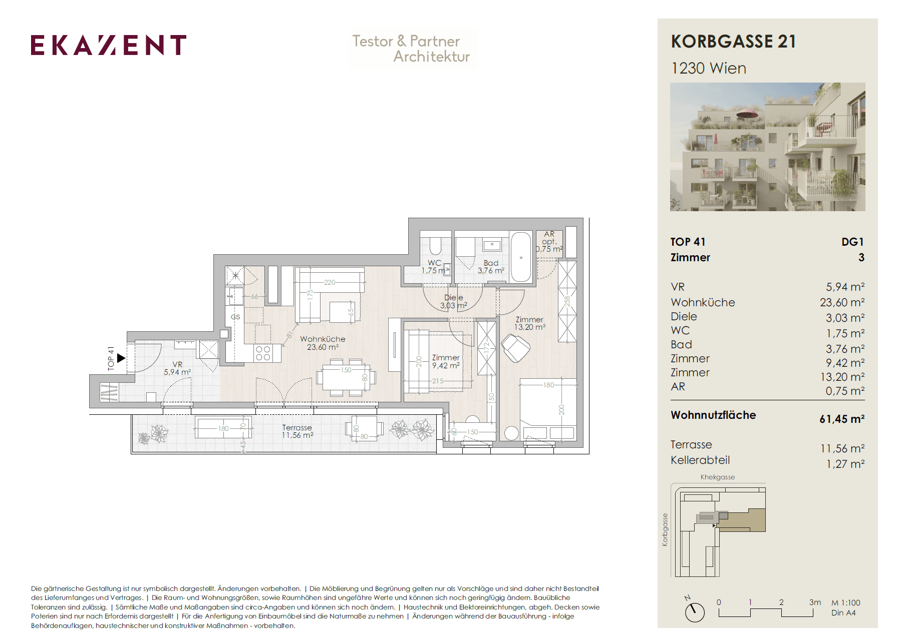 Grundriss Top 41 — UMS ECK 51 — 3 Zimmer — 61,5 m² — Terrasse