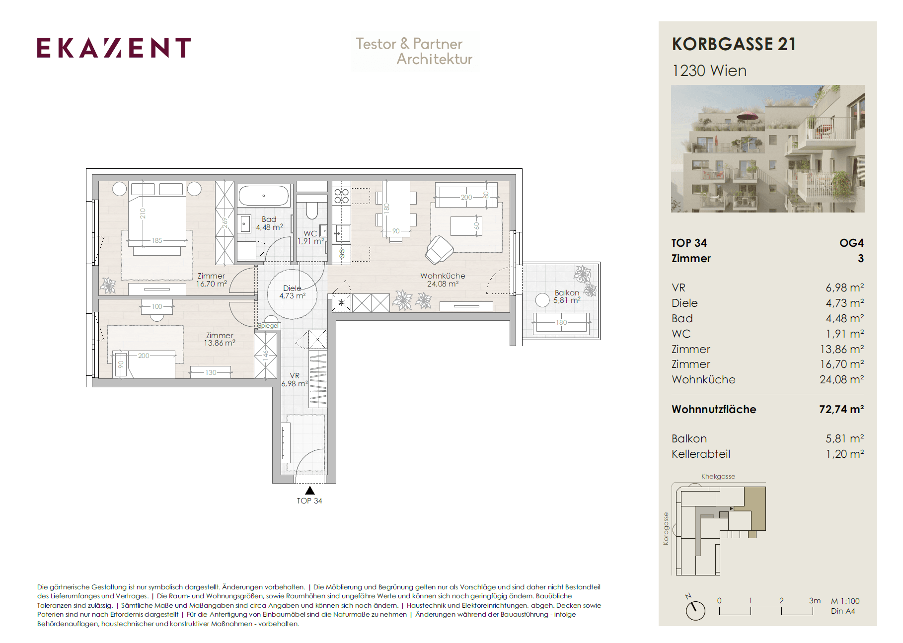 Grundriss Top 34 — UMS ECK 51 — 3 Zimmer — 72,7 m² — Balkon