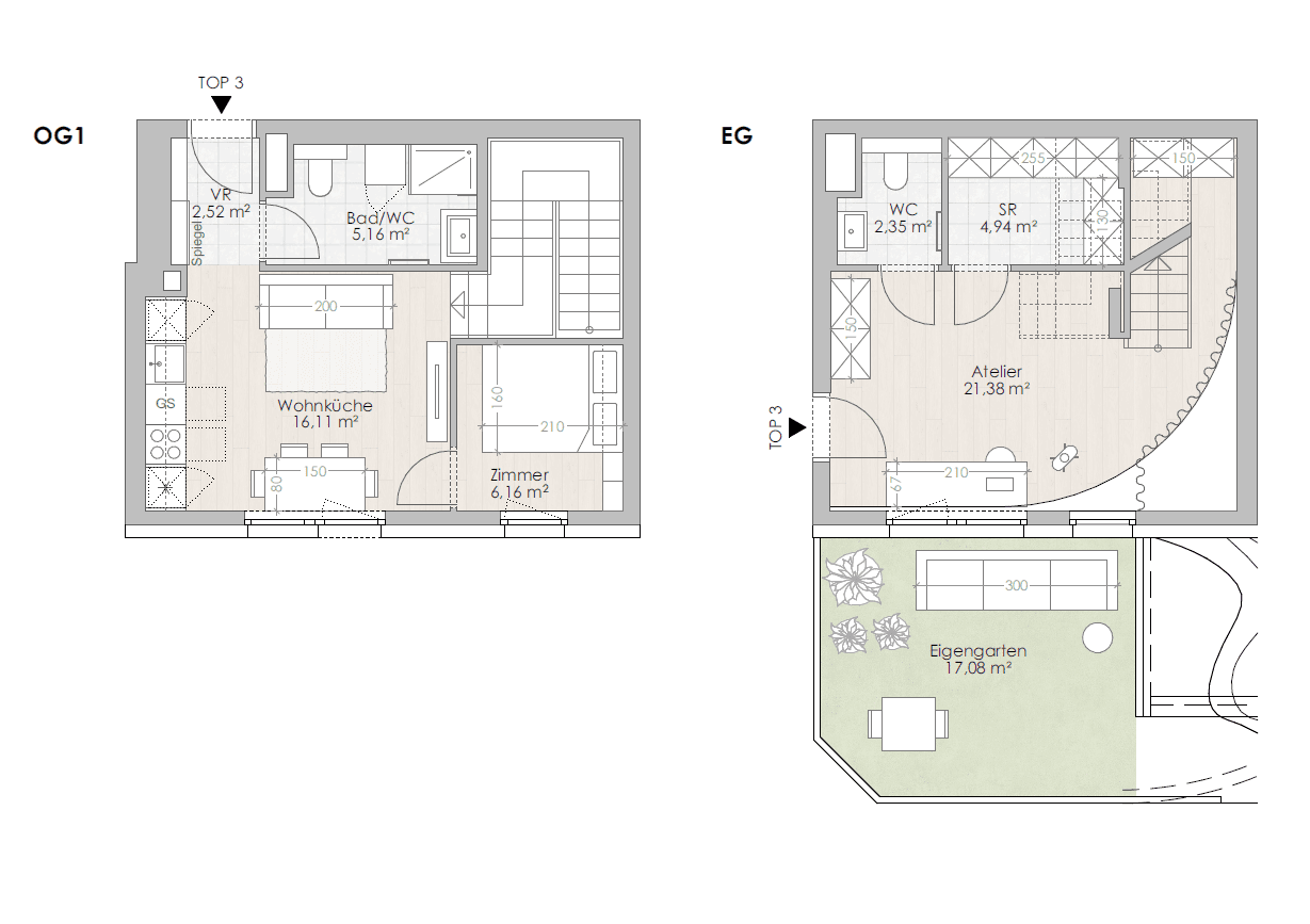 Grundriss Top 3 — UMS ECK 51 — 2.5 Zimmer — 58,6 m² — Garten