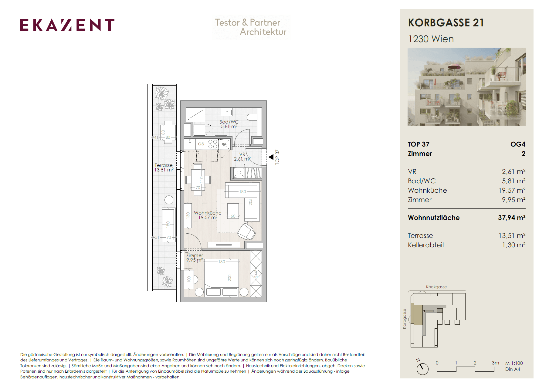 Grundriss Top 37 — UMS ECK 51 — 2 Zimmer — 37,9 m² — Terrasse