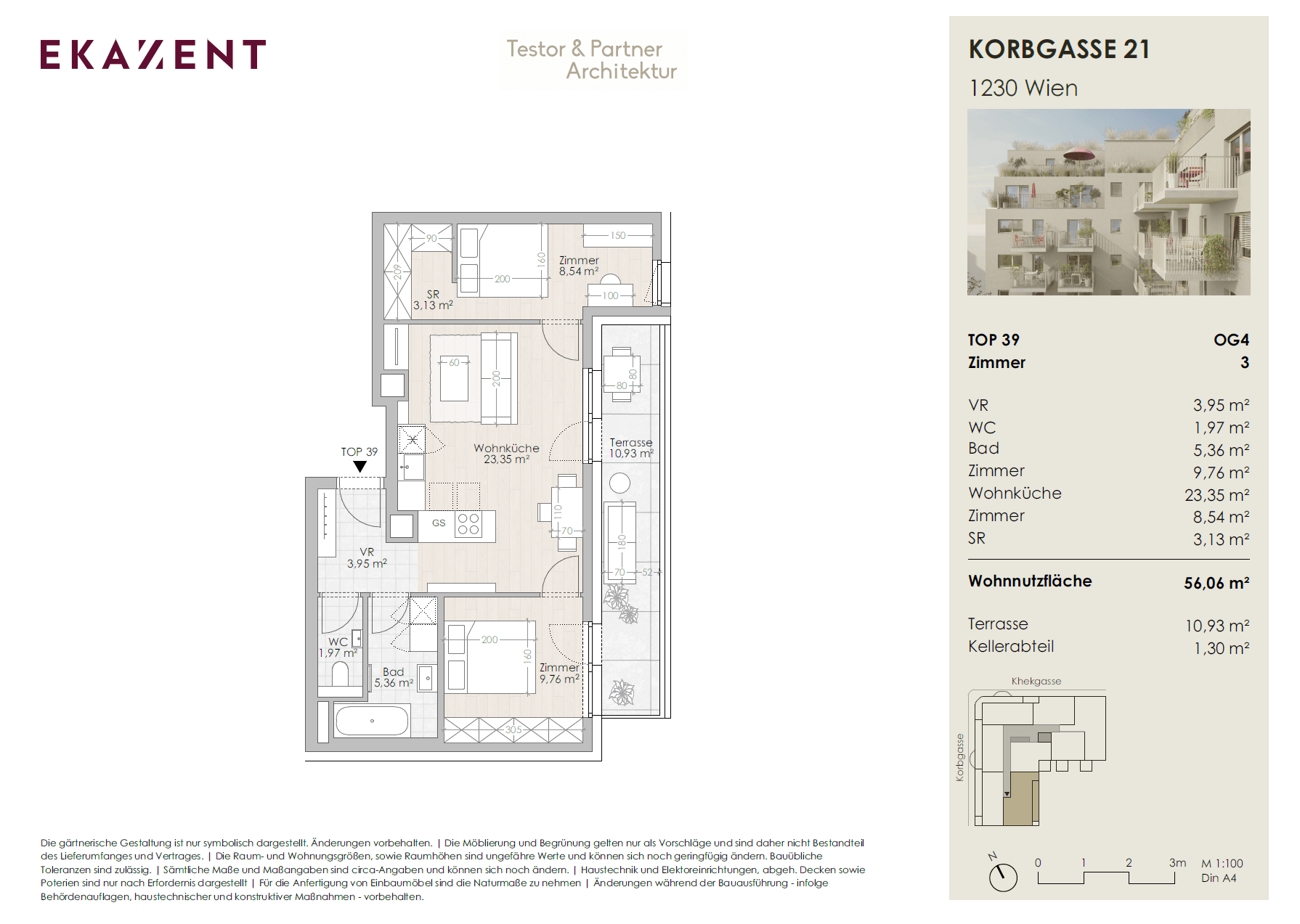 Grundriss Top 39 — UMS ECK 51 — 3 Zimmer — 56,1 m² — Balkon