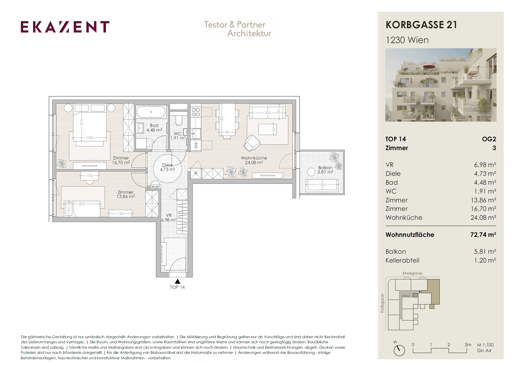 Grundriss Top 14 — UMS ECK 51 — 3 Zimmer — 72,7 m² — Balkon