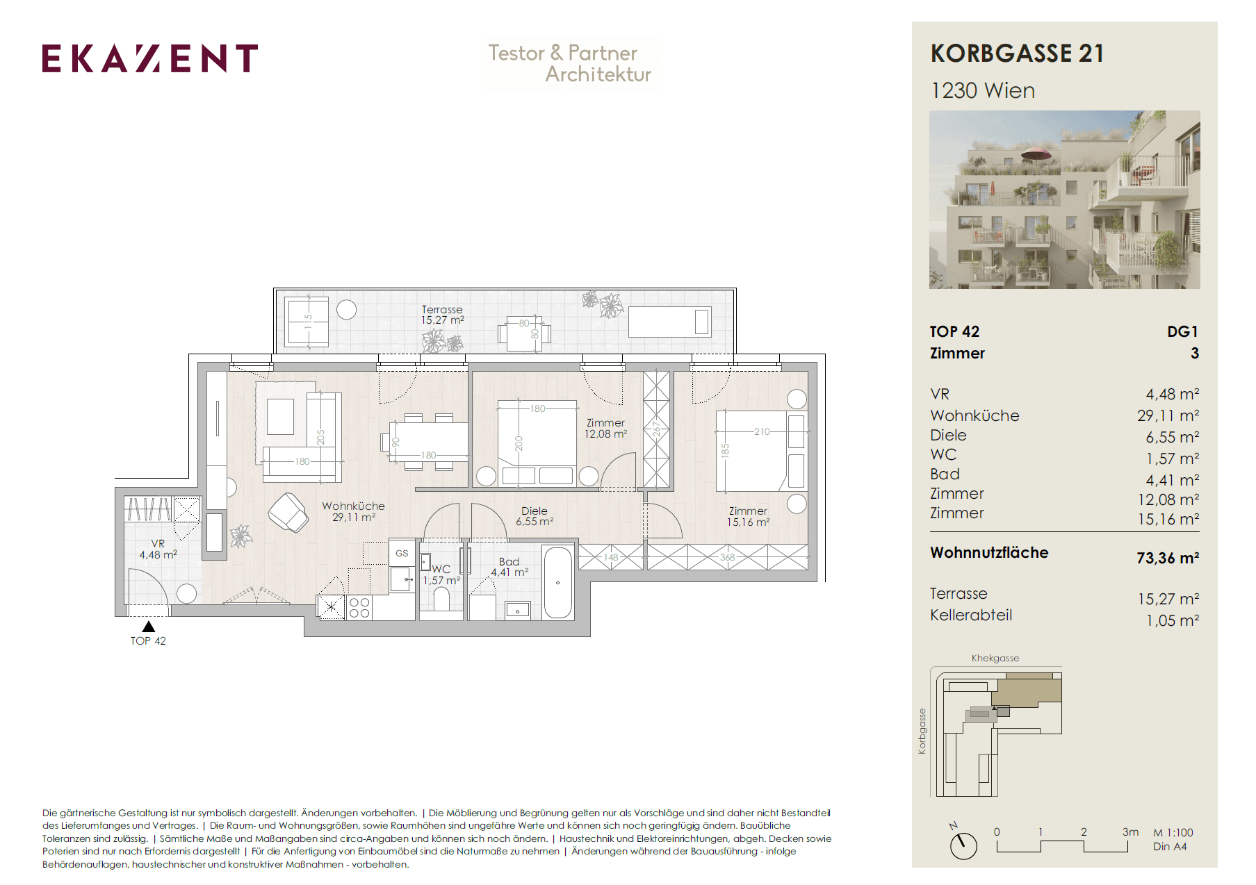 Grundriss Top 42 — UMS ECK 51 — 3 Zimmer — 73,4 m² — Terrasse