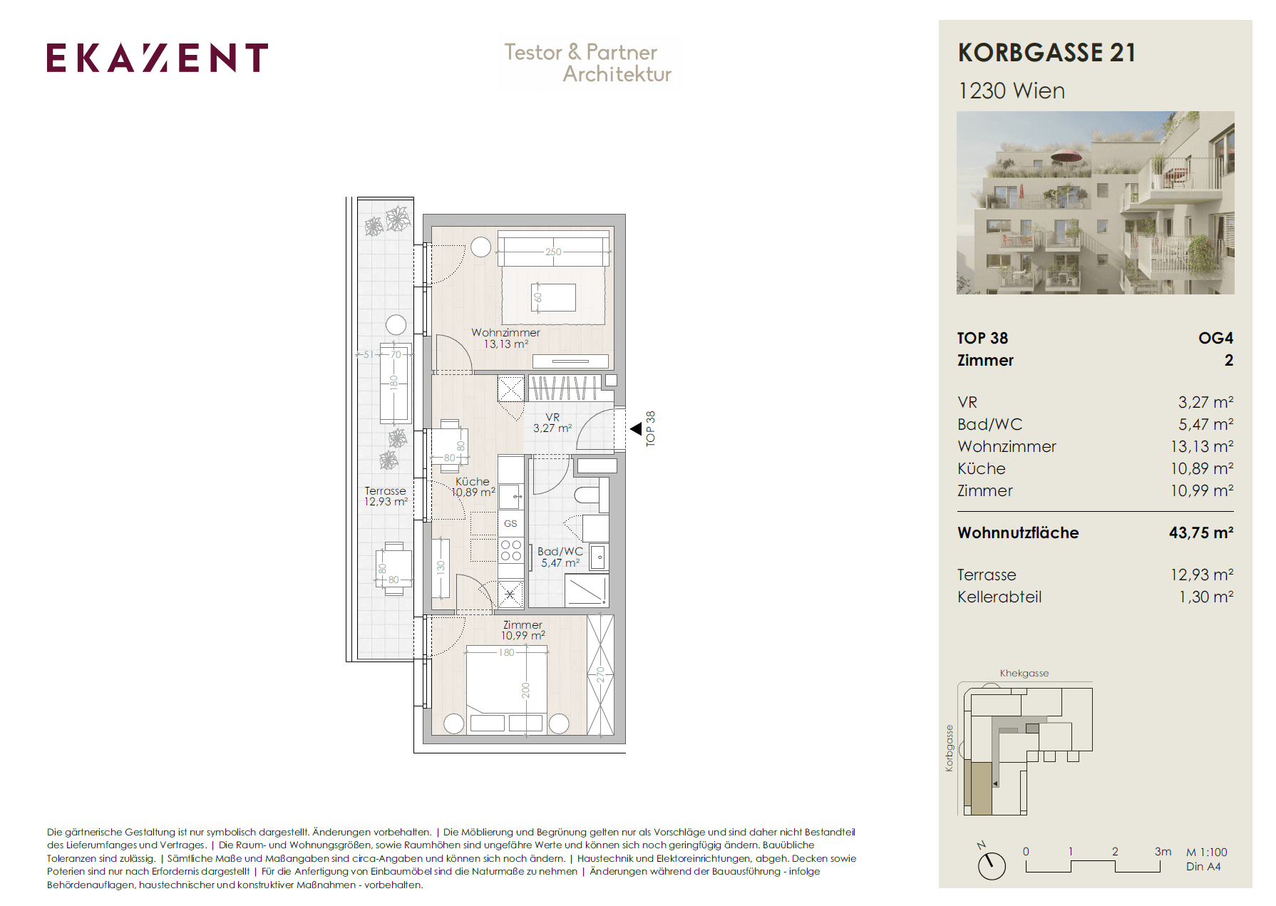 Grundriss Top 38 — UMS ECK 51 — 2 Zimmer — 43,8 m² — Terrasse