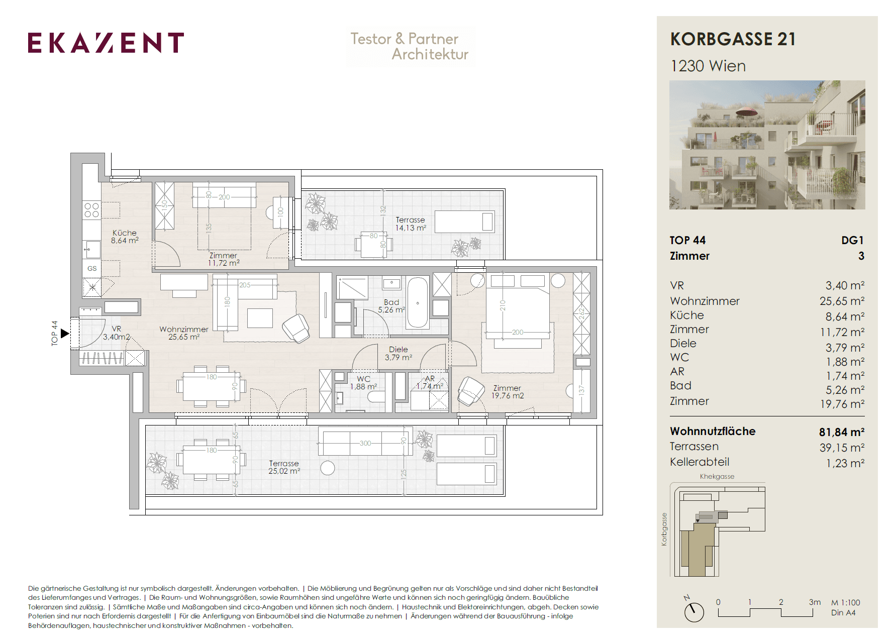 Grundriss Top 44 — UMS ECK 51 — 3 Zimmer — 81,8 m² — Terrasse