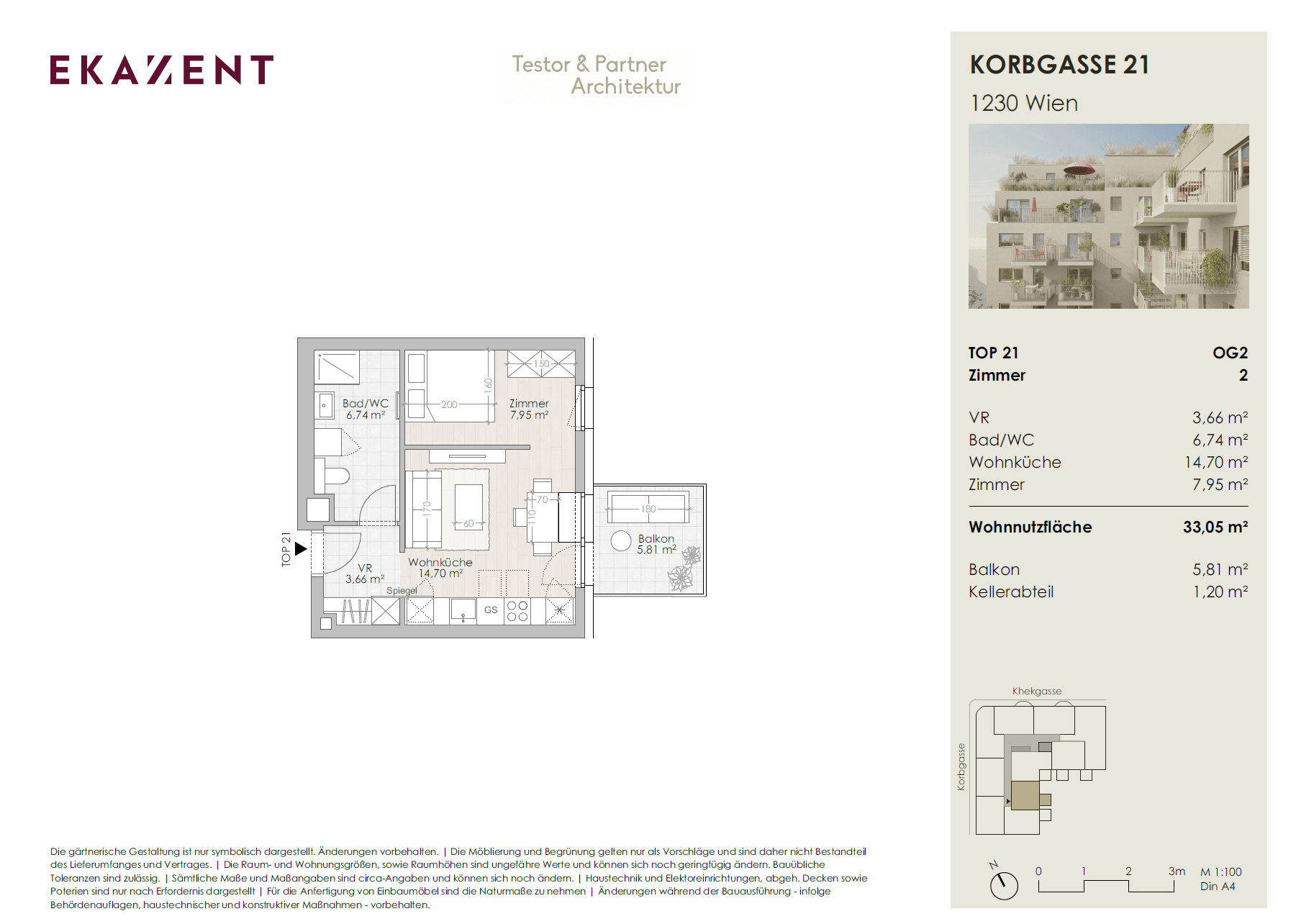 Floorplan Top 21 — UMS ECK 51 — 1.5 Rooms — 33.1 m² — Balkon