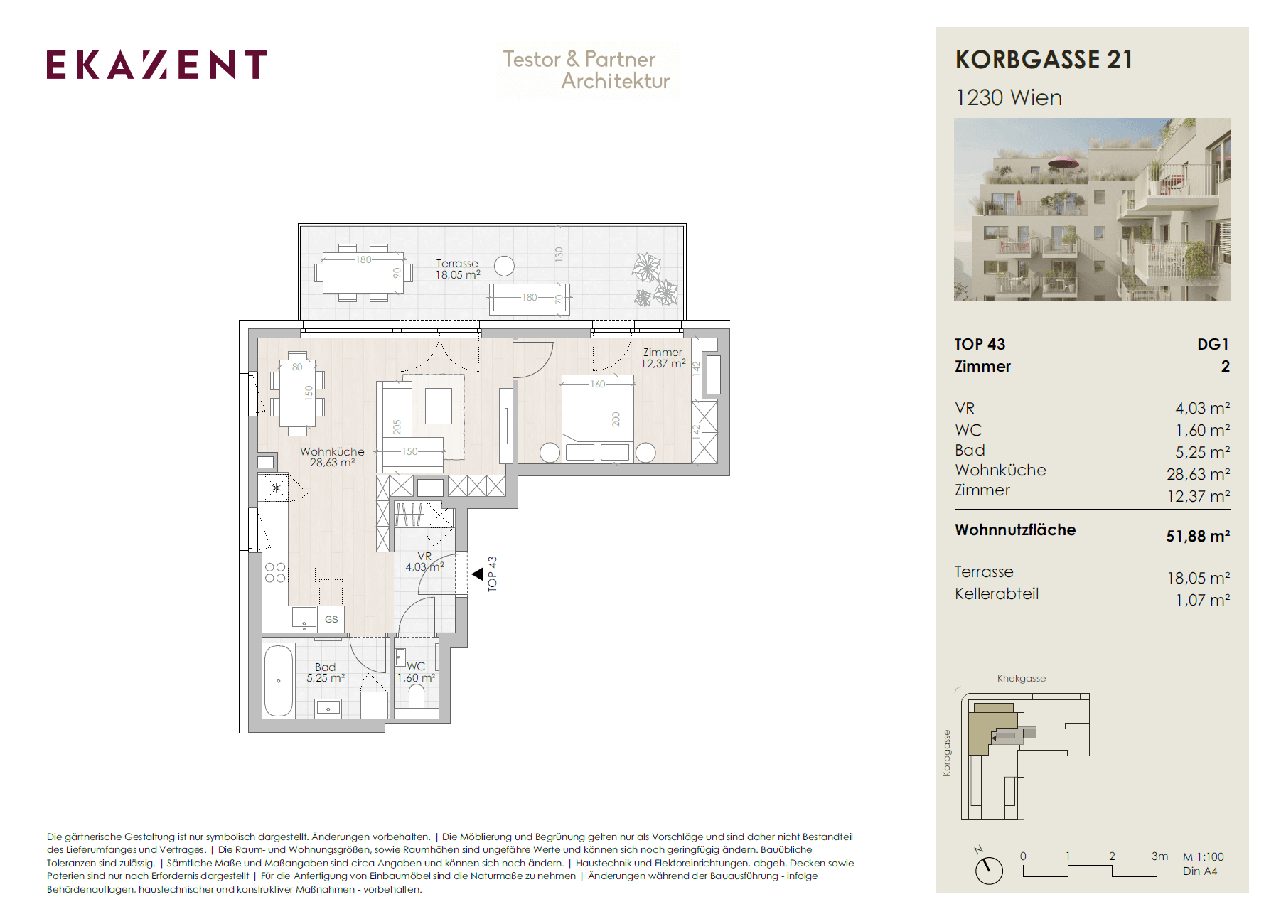 Grundriss Top 43 — UMS ECK 51 — 2 Zimmer — 51,9 m² — Terrasse
