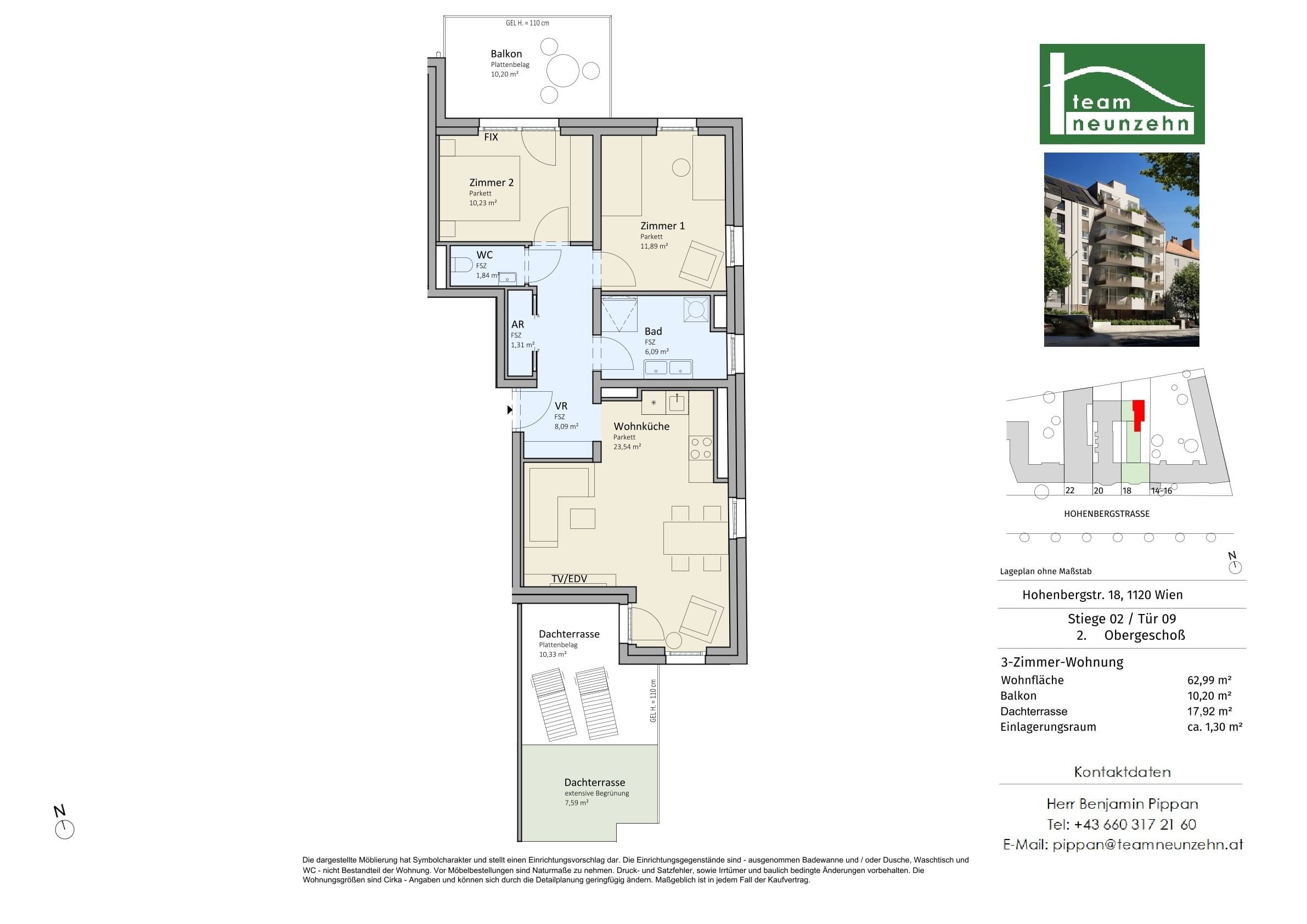 Floorplan Top 2/09 — VISTA18 — 3 Rooms — 63 m² — 2. OG — Süd