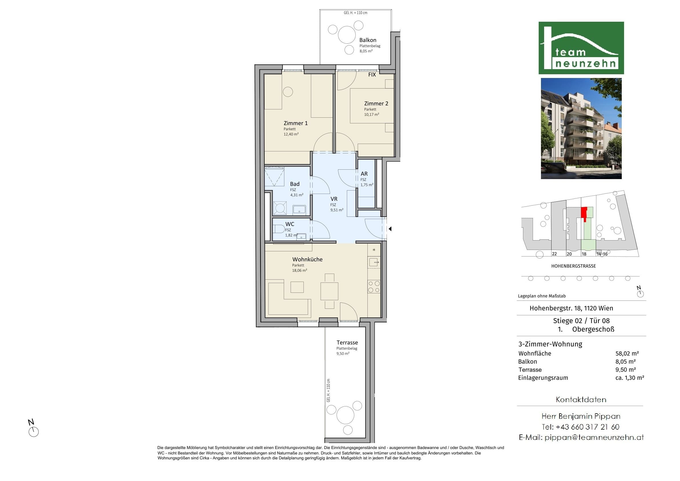 Grundriss Top 2/08 — VISTA18 — 3 Zimmer — 58 m² — 1. OG — Süd