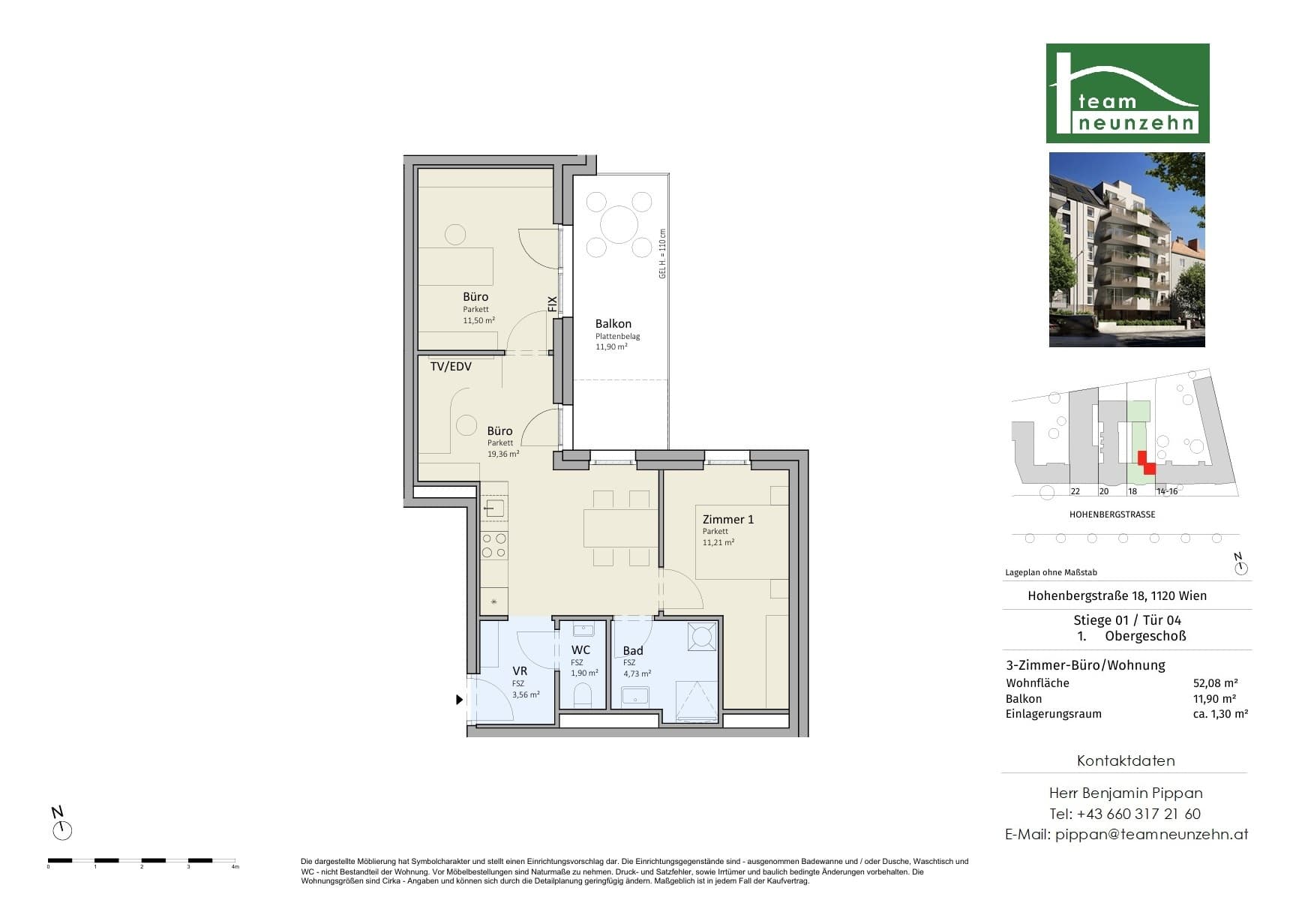 Floorplan Top 1/04 — VISTA18 — 3 Rooms — 52.1 m² — 1. OG — Ost