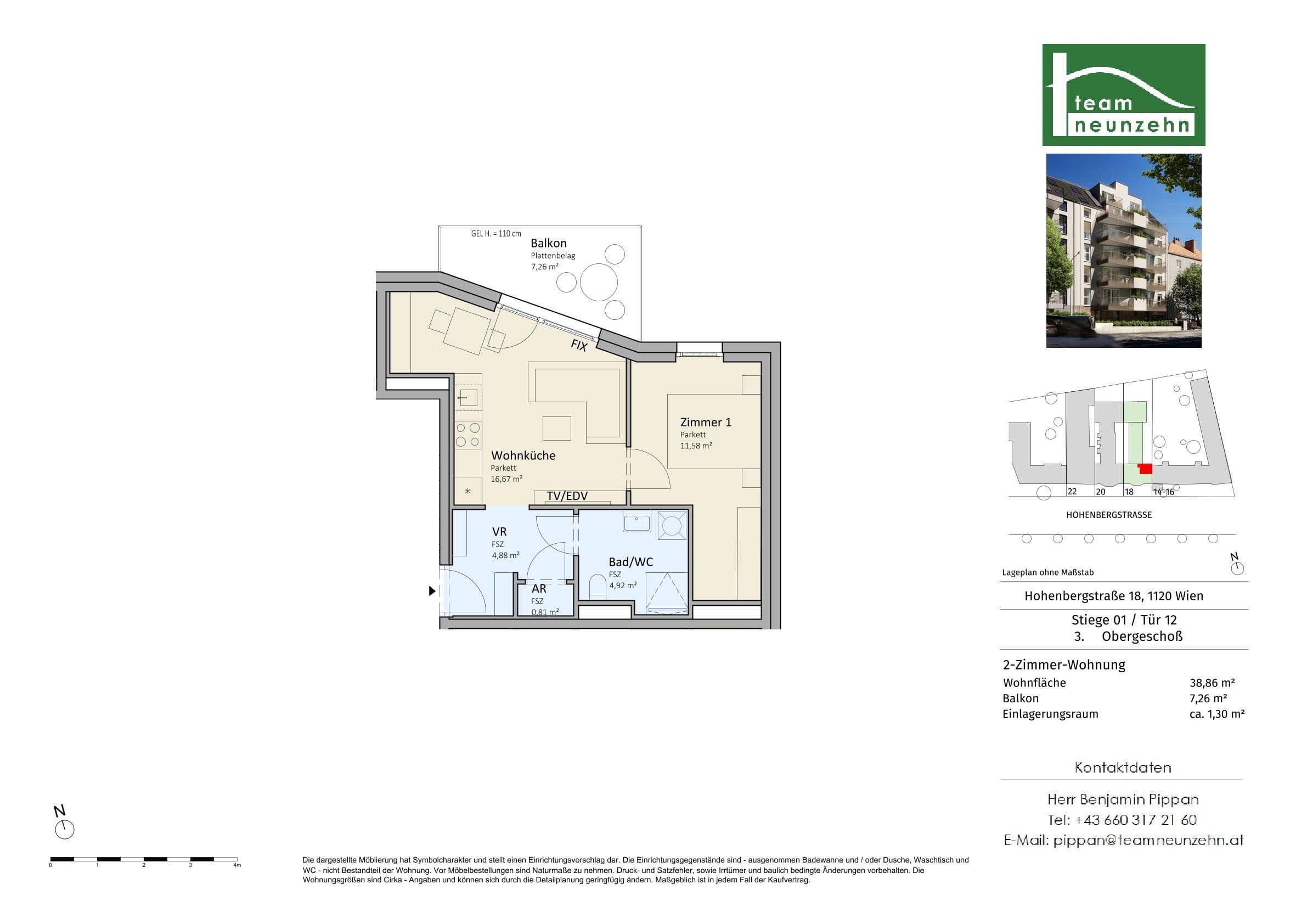 Grundriss Top 1/12 — VISTA18 — 2 Zimmer — 38,9 m² — 3. OG — Nord